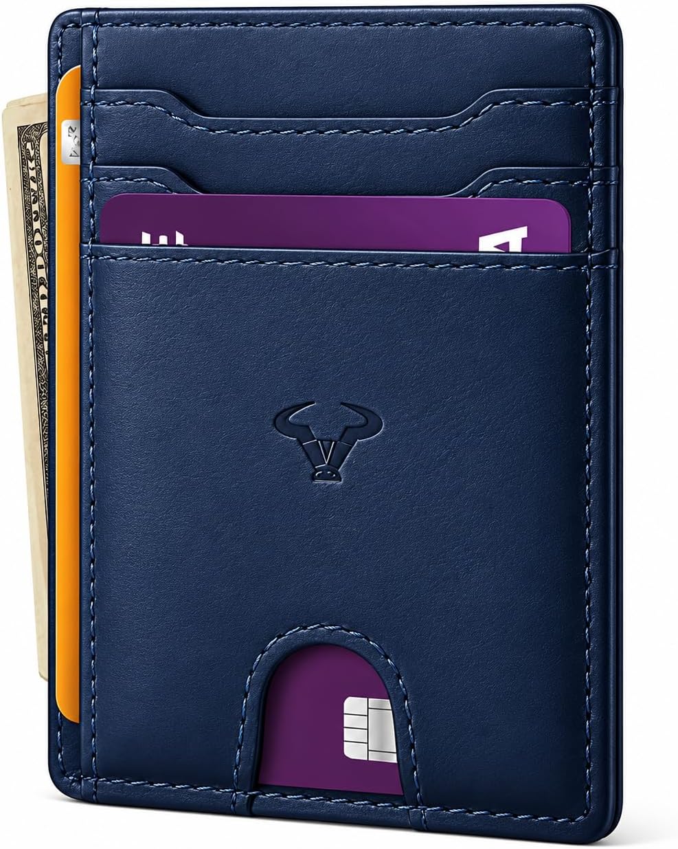 Genuine Leather Slim Wallet | RFID Blocking Skinny Minimal Thin Front Pocket Wallet Sleeve Card Holder for Men | Up to 7 Card Slots Including 1 ID Window (Blue)