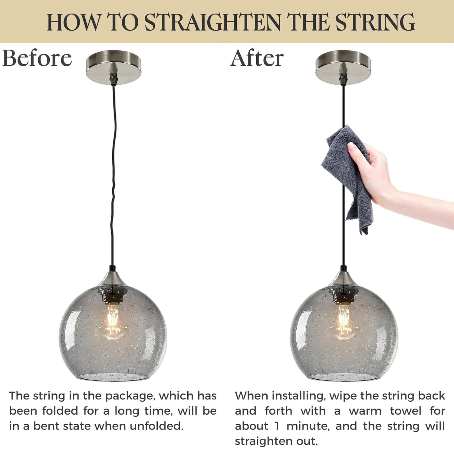 9.1in Large Light Gray Glass Pendant Light for Kitchen Island, 2-Pack with Extra LED Bulbs & 4.92ft Adjustable Cord | Modern Minimalist Lighting for Dining Room, Living Room, Entryway