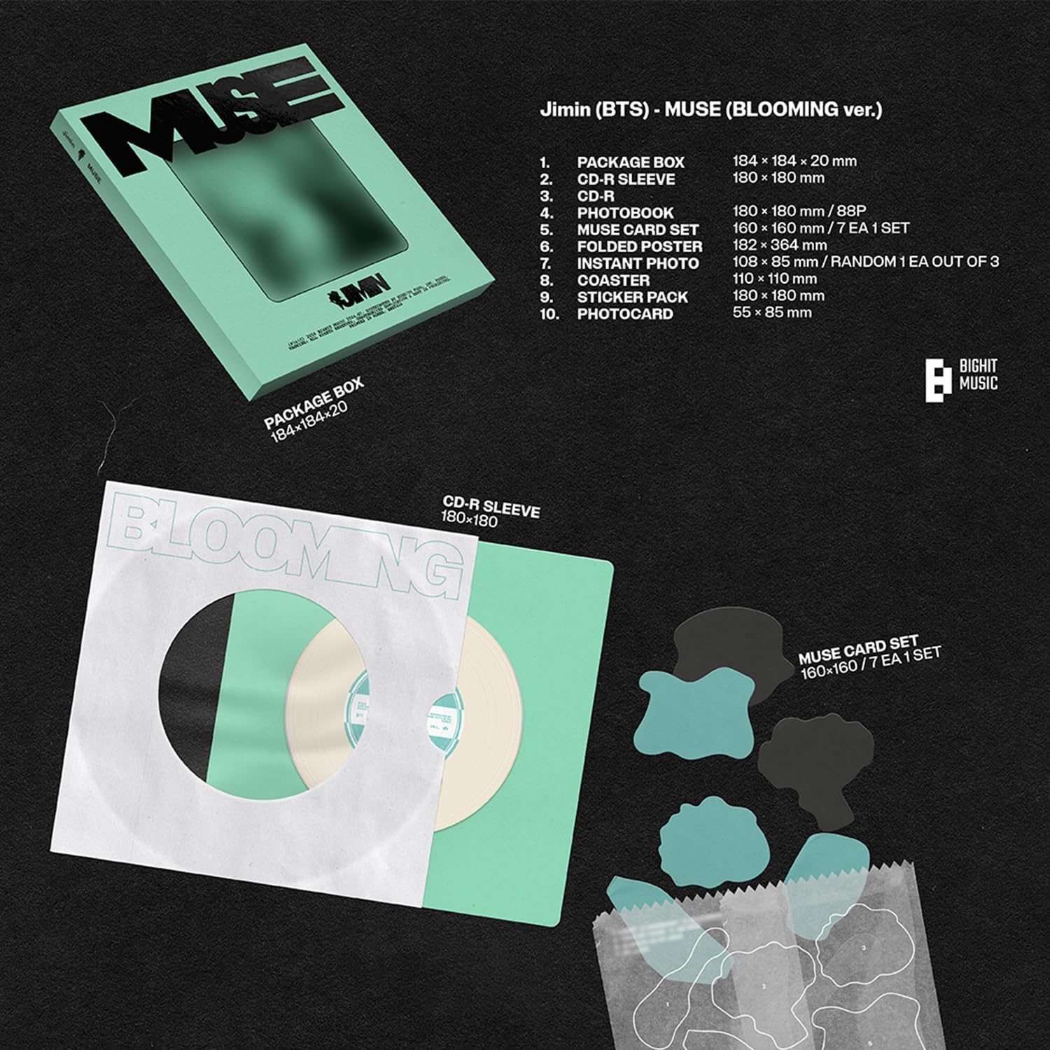 HYBE Ent. JIMIN OF BTS - [MUSE] (BLOOMING Ver.) Photobook + CD-R + Muse Card Set + Coaster + 2 Extra Photocards