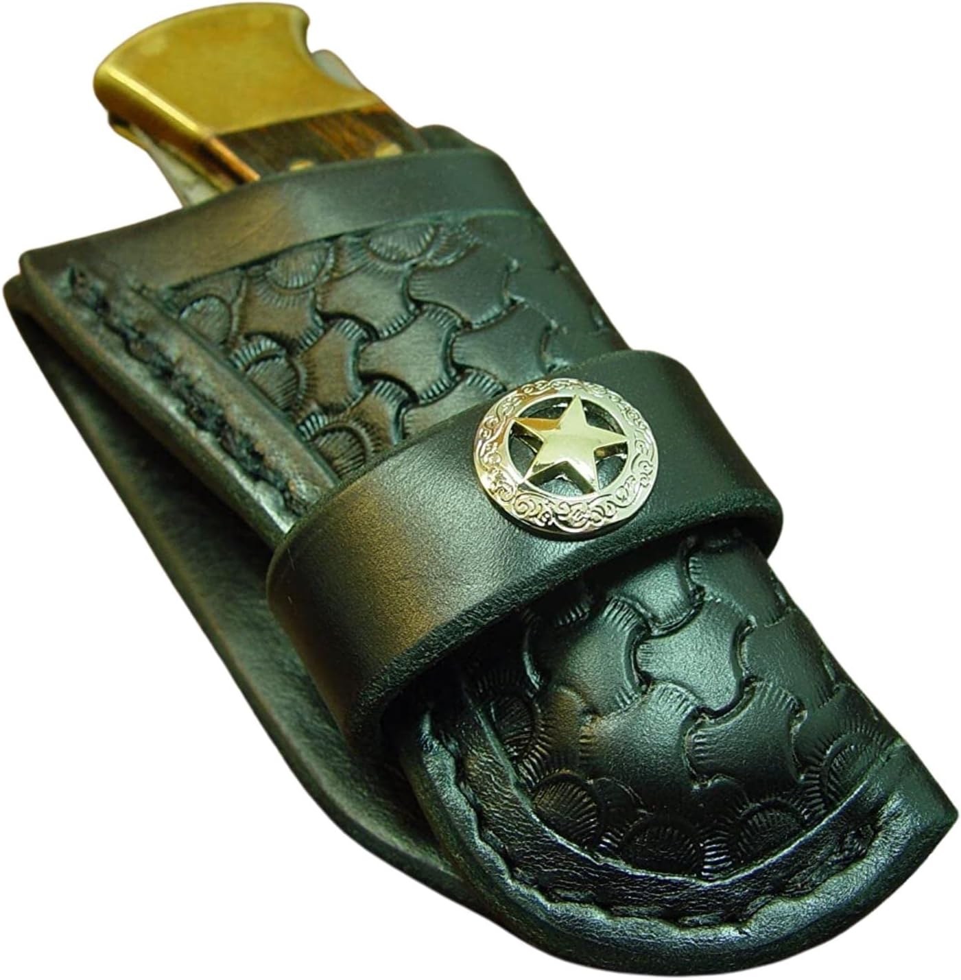 A Custom Made Western Style Buck 110 Folding Knife Sheath. This Sheath Is Made Out of 10 Ounces Water Buffalo Hide a Leather. This Sheath Is Dyed Black with a Basket Weave Tooling. The Water Buffalo Leather Is Soft and Pliable and Very Durable There's No Need to Line the Sheath for Your Finer Knives. This Is for Sheath Only the Knife Is Not Included.