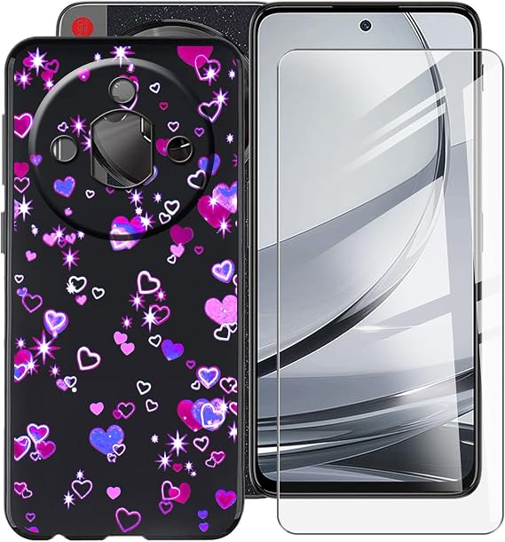 Black Soft TPU Bumper Phone Case for Nubia Focus Pro 5G (6.72) with 1 X Tempered Glass Screen Protector, Slim Silicone Shockproof Cover for Nubia Focus Pro 5G - Love Bubbles