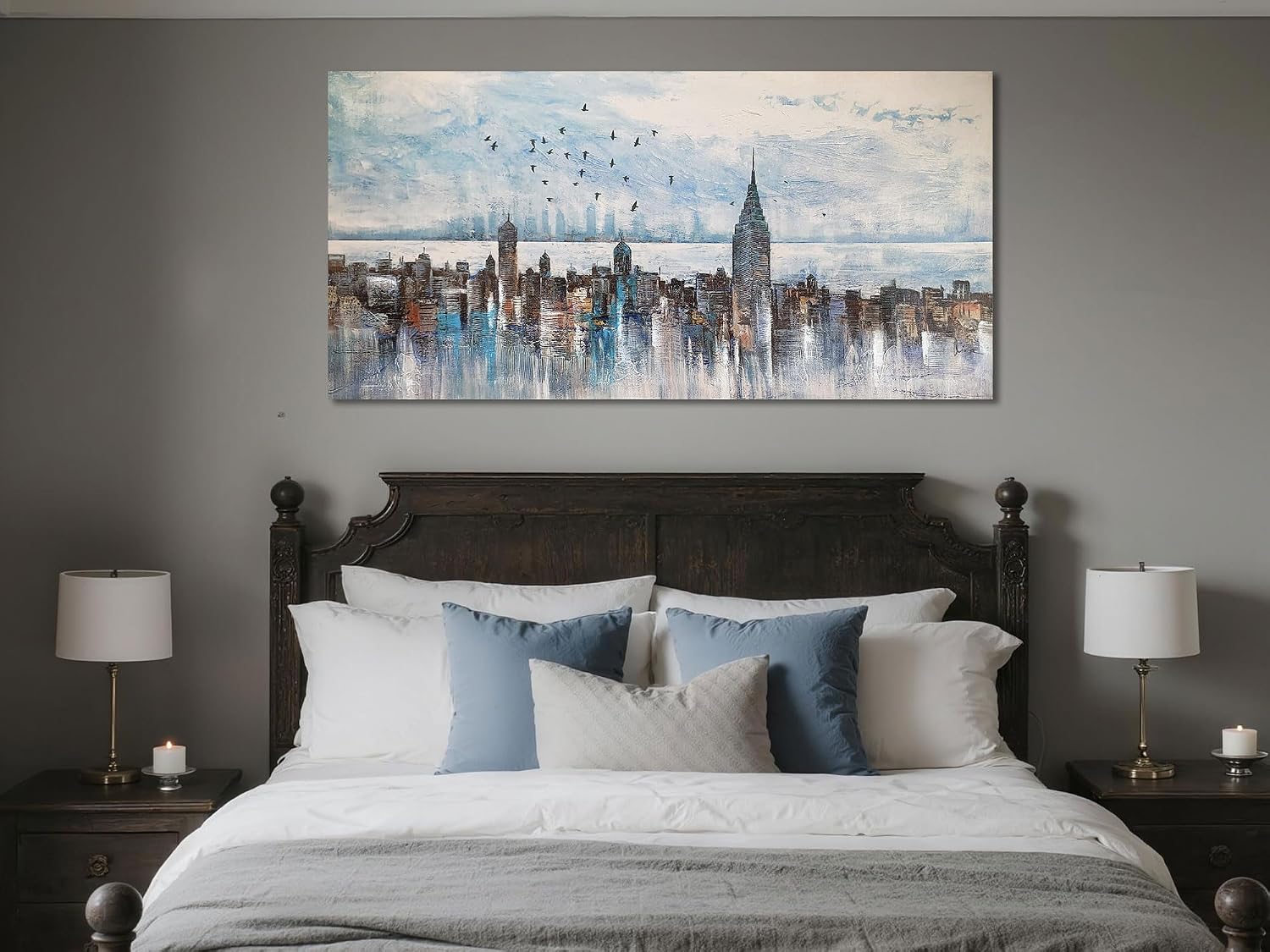 Arjun Cityscape Wall Art New York City Skyline Canvas Picture Living Room, Modern Abstract Grey NYC Painting Framed Artwork for Bedroom Home Office Mens Room Wall Decor, Large 40"x20"