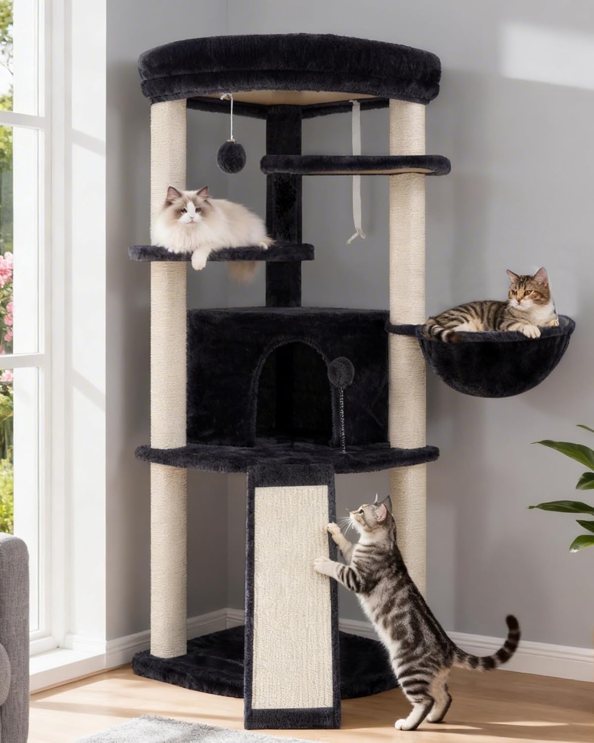 Corner Cat Tree for Indoor Cats, Cat Tower with All Sisal Scratching Posts, Multi-Level Cat Condo wth Cat Cave, Large Top Perch, Hanging Basket, Sisal Scratching Ramp, Drak Gray GCT025G