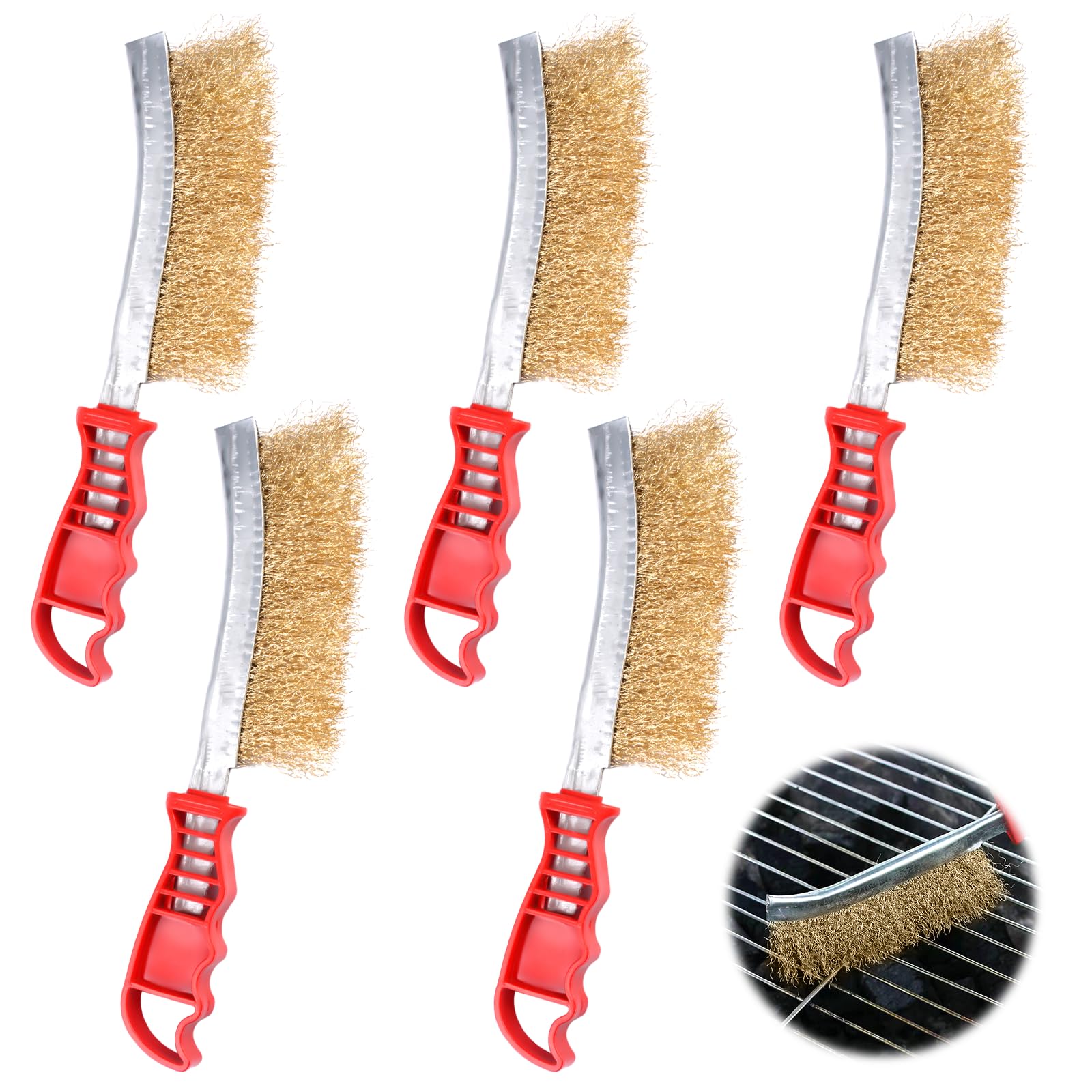 5 Piezas Cepillo Alambre, Cepillos de Latón para Barbacoa 24x5cm, Cepillo de Alambre con Mango Curvo Antideslizante, Cepillo de Latón Utilizados para Limpiar Parrilla, Óxido, Aceite y Suciedad