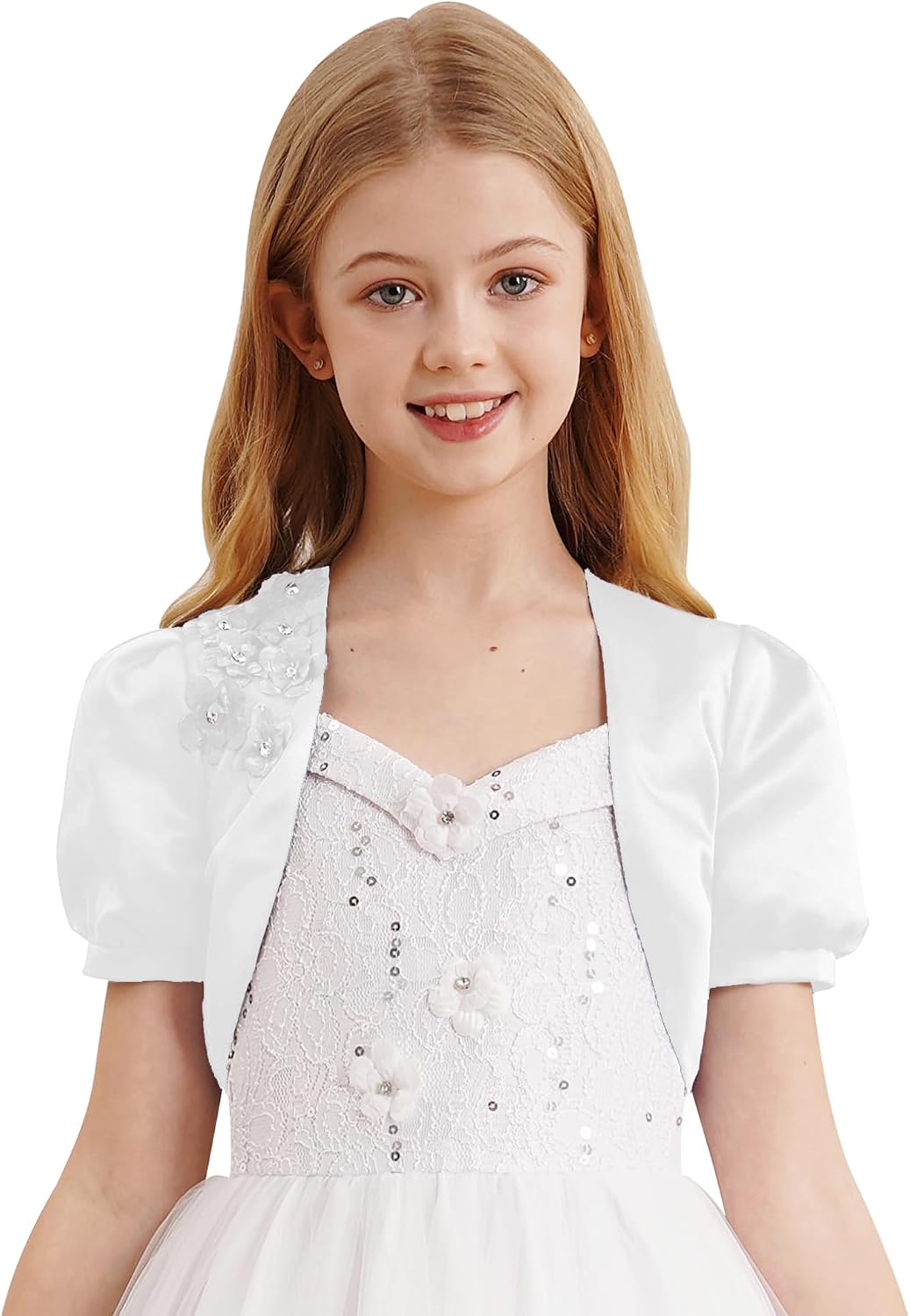 Hularka Kids Girls Sparkly 3D Applique Bolero Shrug Short Puff Sleeve Open Front Cropped Cardigan Jacket Dressy Coat