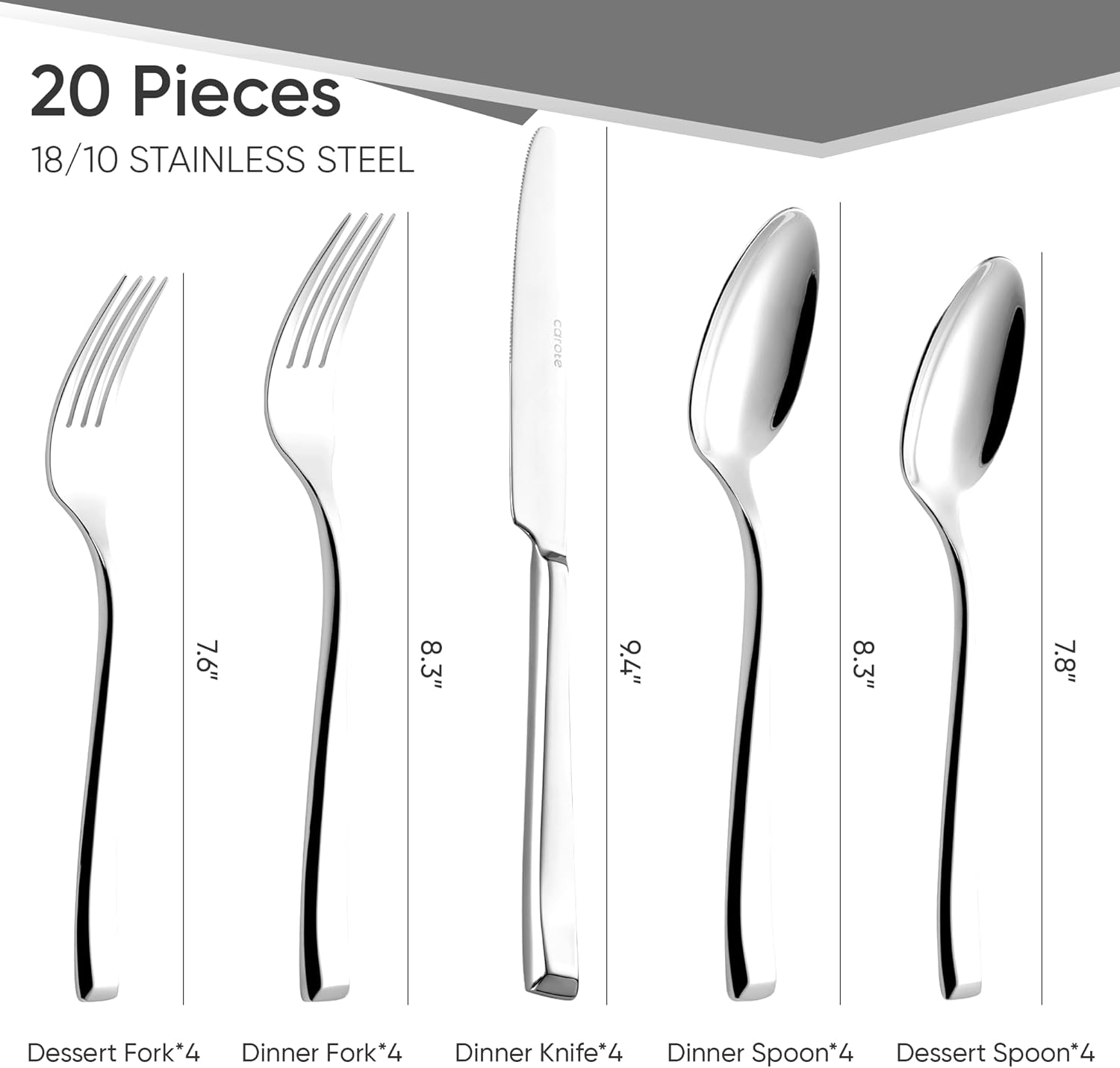 CAROTE 20 Pieces Silverware Set, Premium 18/10 Stainless Steel Flatware Set, Luxury Cutlery Set for 4, Dishwasher Safe for Home and Kitchen with Effortless Handle, Party, Wedding, Silver