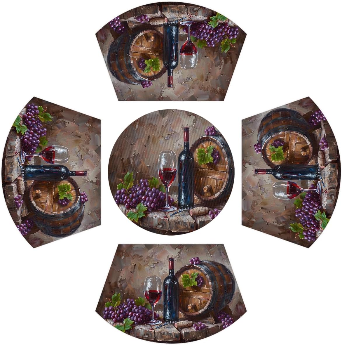 Grape Wine Cup Wedge Placemats Set of 4+1pcs PVC Washable 4+1pcs Wedge Place mats Round Table mat Wipeable Plastic Dining Table mats for Kitchen Indoor Outdoor Patio Table Decor