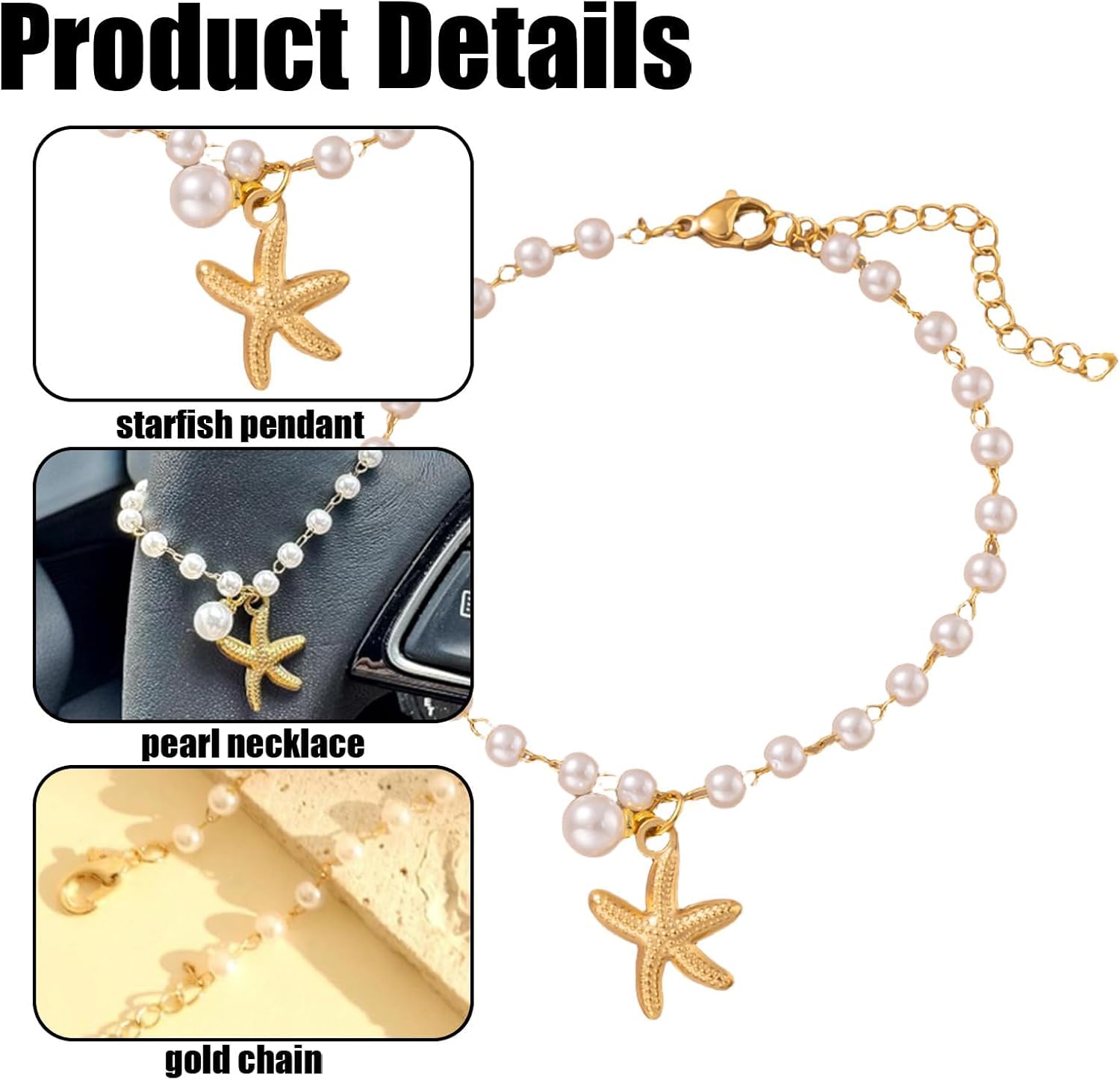 Starfish Pearl Pendant Steering Wheel Charm Accessory, Gold Ocean Sea Car Rear View Mirror Hanging Decor, Boho Bead Adjustable Nautical Aesthetic Car Jewelry Gifts