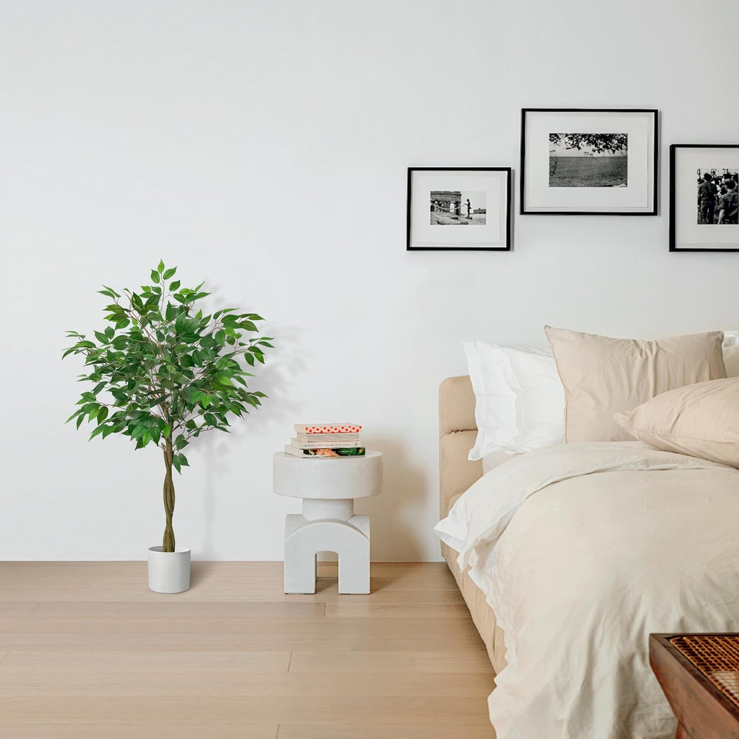 Artificial Ficus Tree with 3 Natural Curved Trunks, 4FT Tall Faux Ficus Tree in Sturdy Plastic Nursery Pot, Faux Plant for Office Home Living Room Farmhouse, Indoor Outdoor Decor