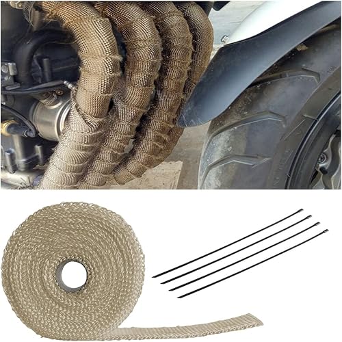 Auto Exhaust Wrap for Motorcycle, 16FT Titanium Fiberglass Hose Heat Shield Roll Sleeve with 4PCS Stainless Ties, Universal for Car Wire Loom Brake Line Cable Protection (Brown)