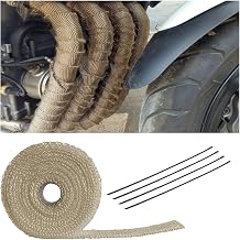 Auto Exhaust Wrap for Motorcycle, 16FT Titanium Fiberglass Hose Heat Shield Roll Sleeve with 4PCS Stainless Ties, Universal for Car Wire Loom Brake Line Cable Protection (Brown)
