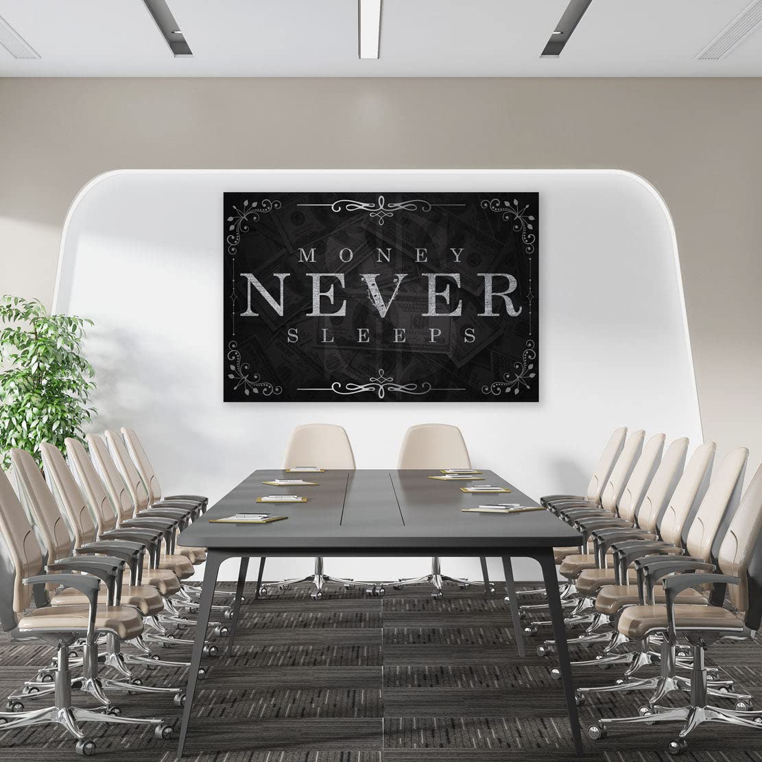 Quadro Moderno Stampa su Tela Motivazionale Soldi Money Never Sleeps Silver Canvas Dimensione 60x40x2cm