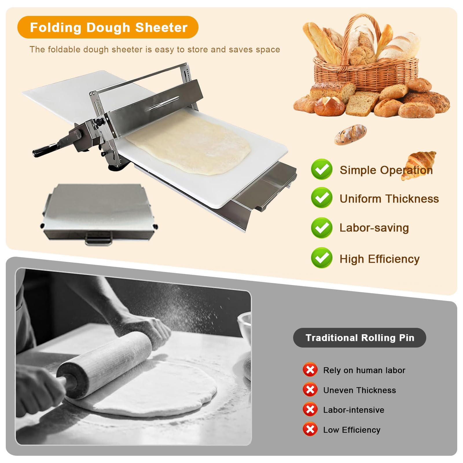Laminoir à Pâte Pliable Laminoir Manuel à épaisseur Réglable Laminoir à Pâte Feuilletée en Acier Inoxydable Laminoir à Pâtisserie pour Pizzas Croissants Pâtisseries Domestique Commercial