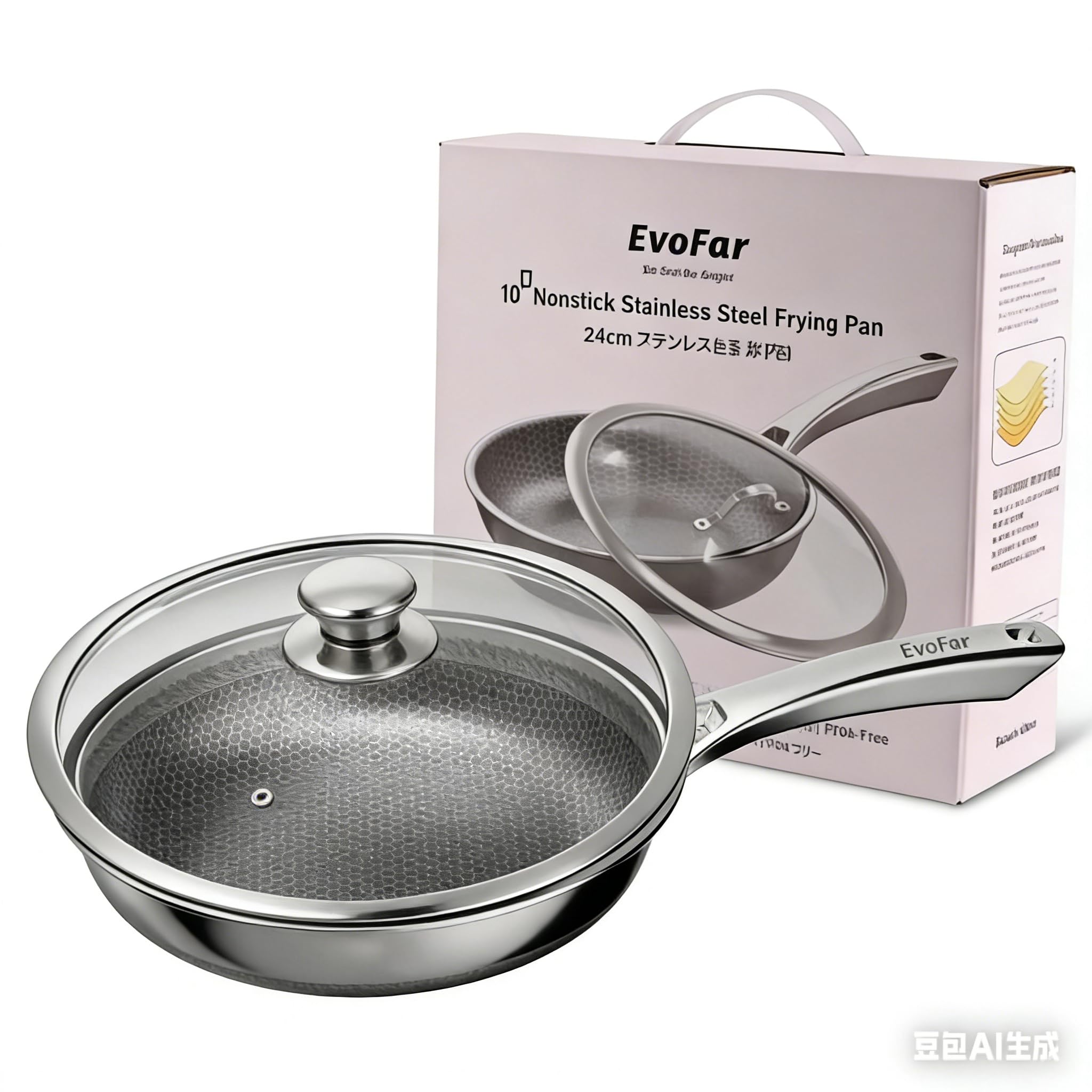 EvoFar Bratpfanne mit Deckel 24cm, Antihaft Edelstahlpfanne Induktion für alle Herdarten geeignet, Antihaftbeschichtung