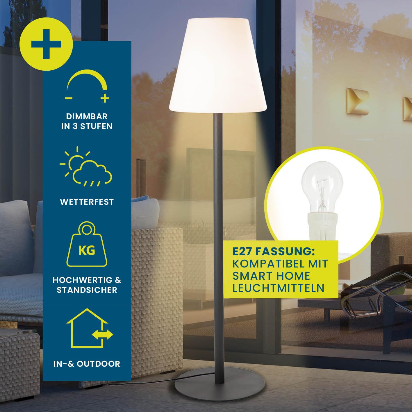Hoberg XXL-Stehlampe für In- & Outdoor | 1,87 M große Lampe mit 3 einstellbaren Lichtintensitäten | Stimmungsvolle Standleuchte im zeitlos-modernen Design | IP-44 Wasser geschützt [schwarz, weiß]