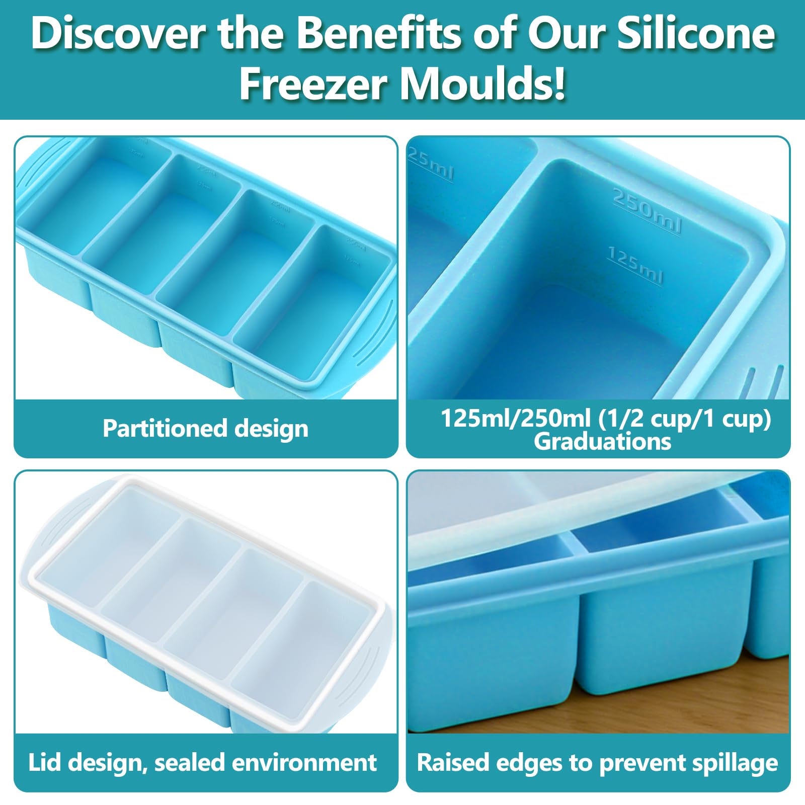 Paquete de 2 bandejas de silicona azul para congelador con tapa, cubos grandes para congelador, 4 compartimentos profundos, 125 ml, 250 ml, recipientes apilables para almacenamiento de alimentos