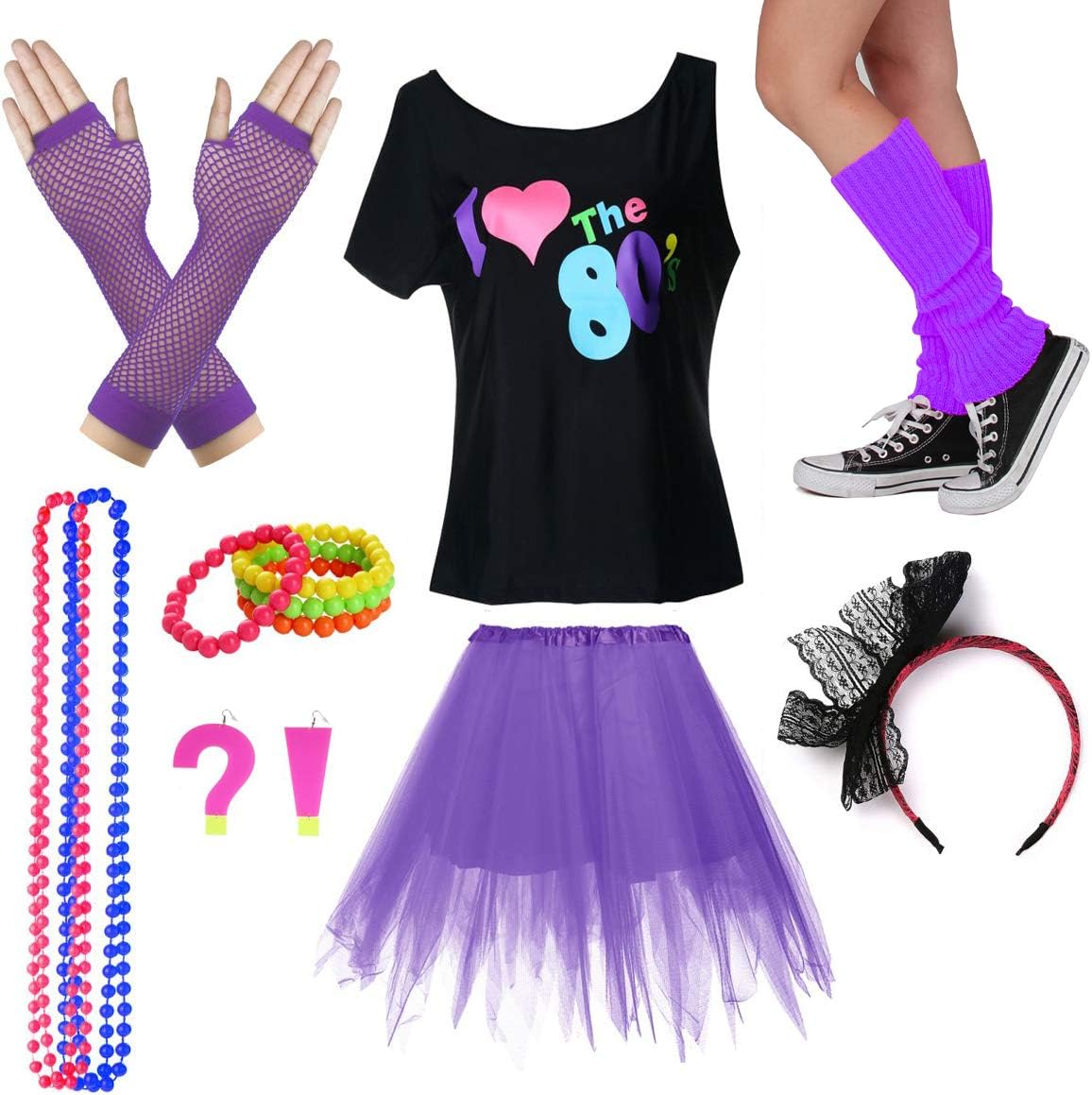 Fun Daisy CostumeI Love The 80's T-Shirt Fancy Outfit Dress for 1980s Theme Party Supplies (S/M, Purple)