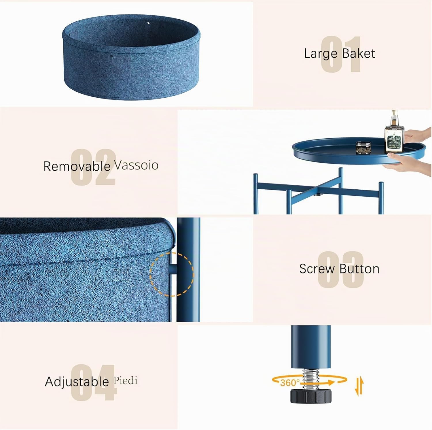 Huhote Tavolino rotondo con cestino in tessuto, piccolo comodino, comodino per soggiorno, camera da letto, bagno, balcone, stile moderno (blu)
