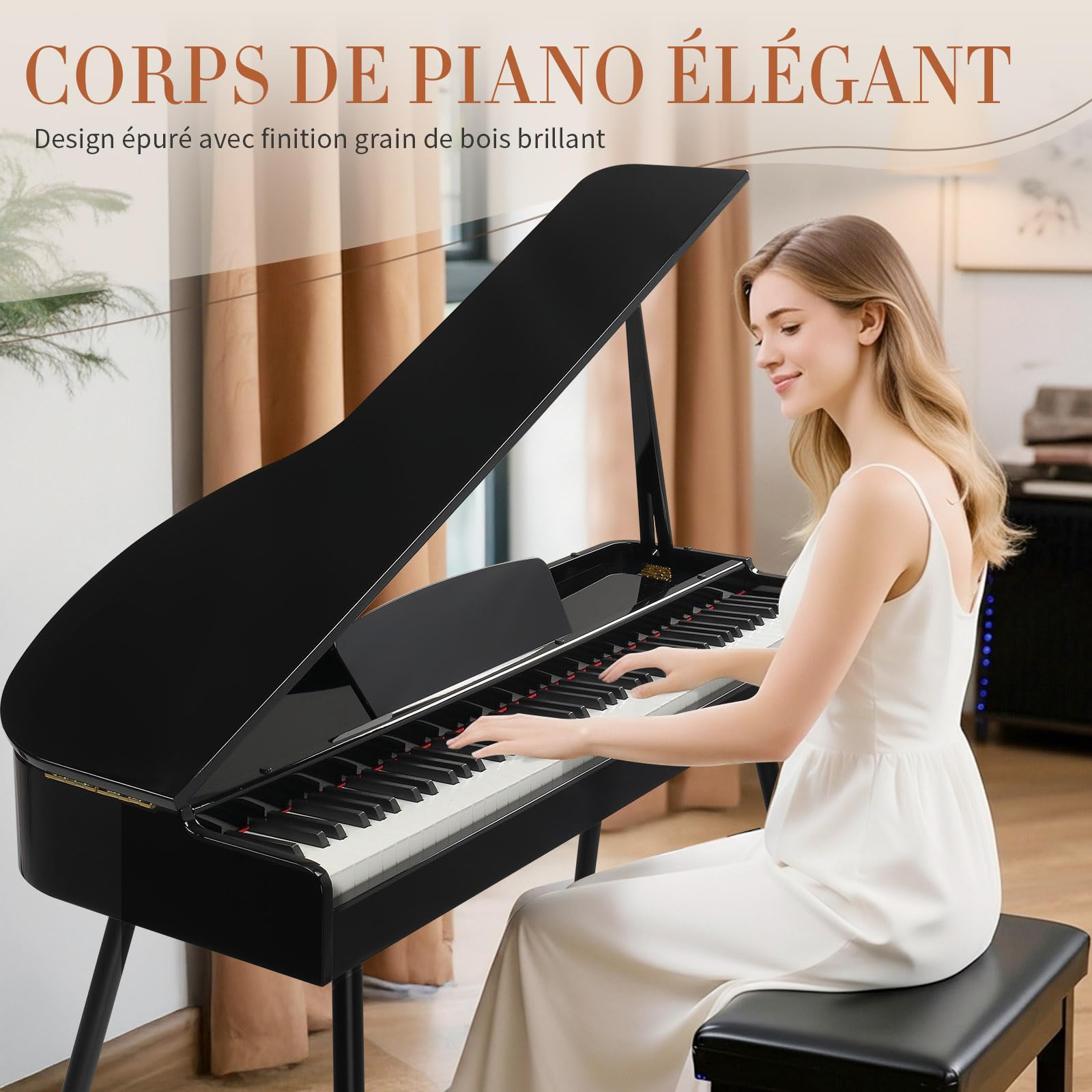 LEADZM Piano Numérique Marteaux 88 Touches, Piano Électrique avec Ressemblant à un Corps de Piano à Queue, avec MIDI-USB, Audio 4 Haut-Parleurs, Système à 3 Pédales, Noir