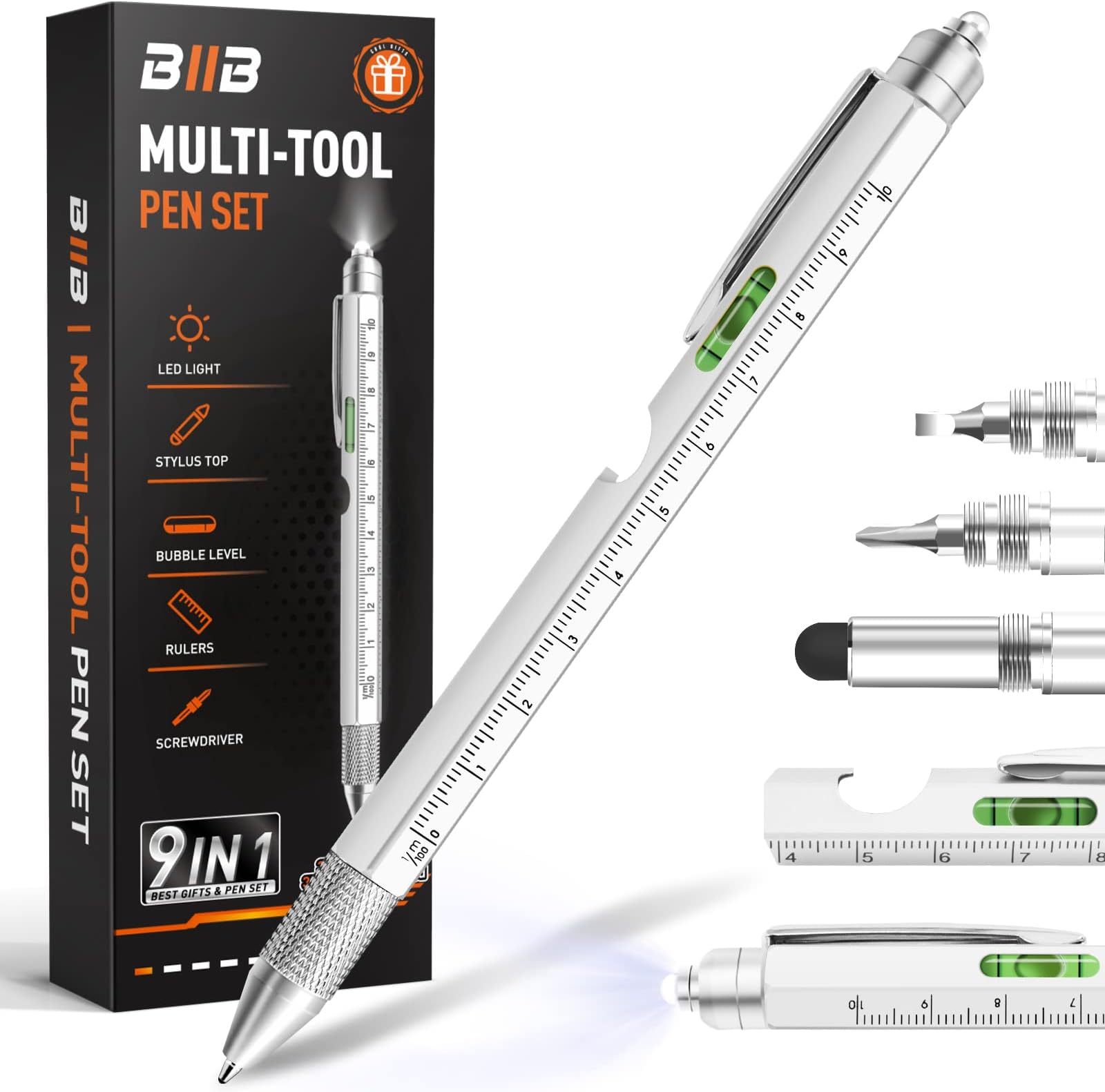 BIIB 9-in-1 Multitool Pen, Multitool, Aluminum Handle, Silver, Gifts for Men, Fathers Day, Birthday, Anniversary
