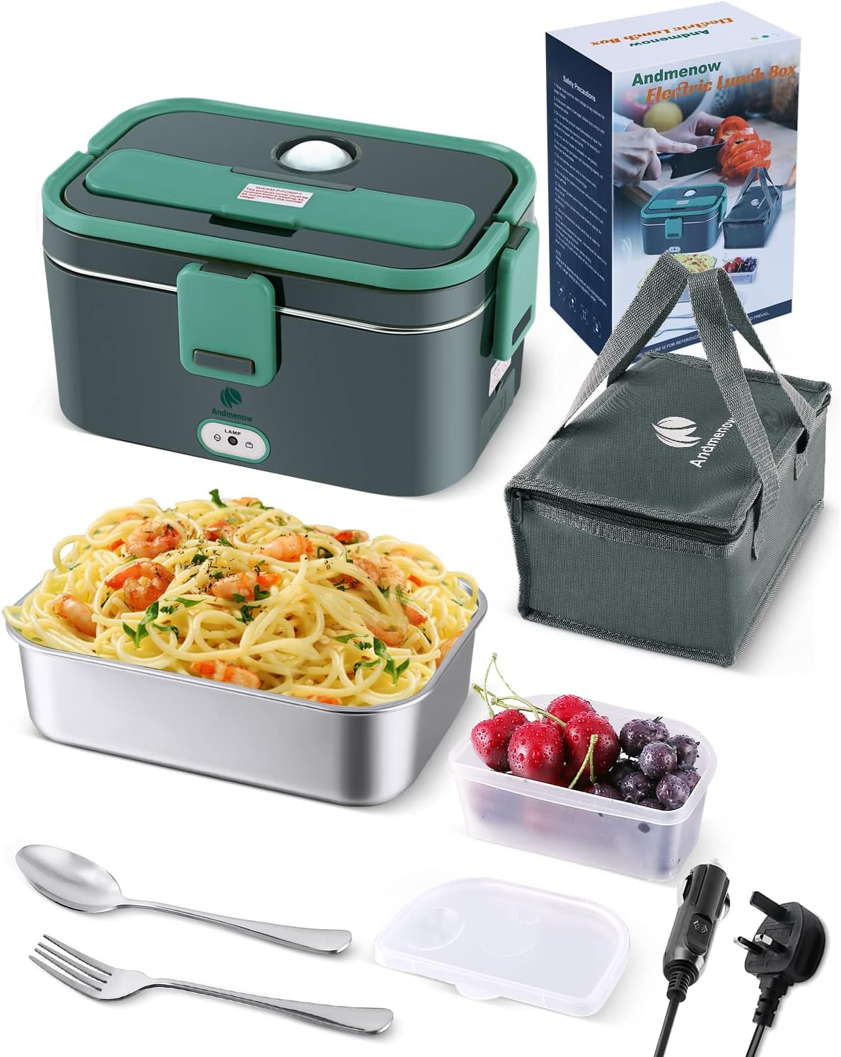 100 W elektrische verwarmde lunchbox, draagbare 3-in-1 snelverwarmende lunchbox voor volwassenen, 12 V/24 V/220 V met 2 containers (één en vak) voor auto, vrachtwagen