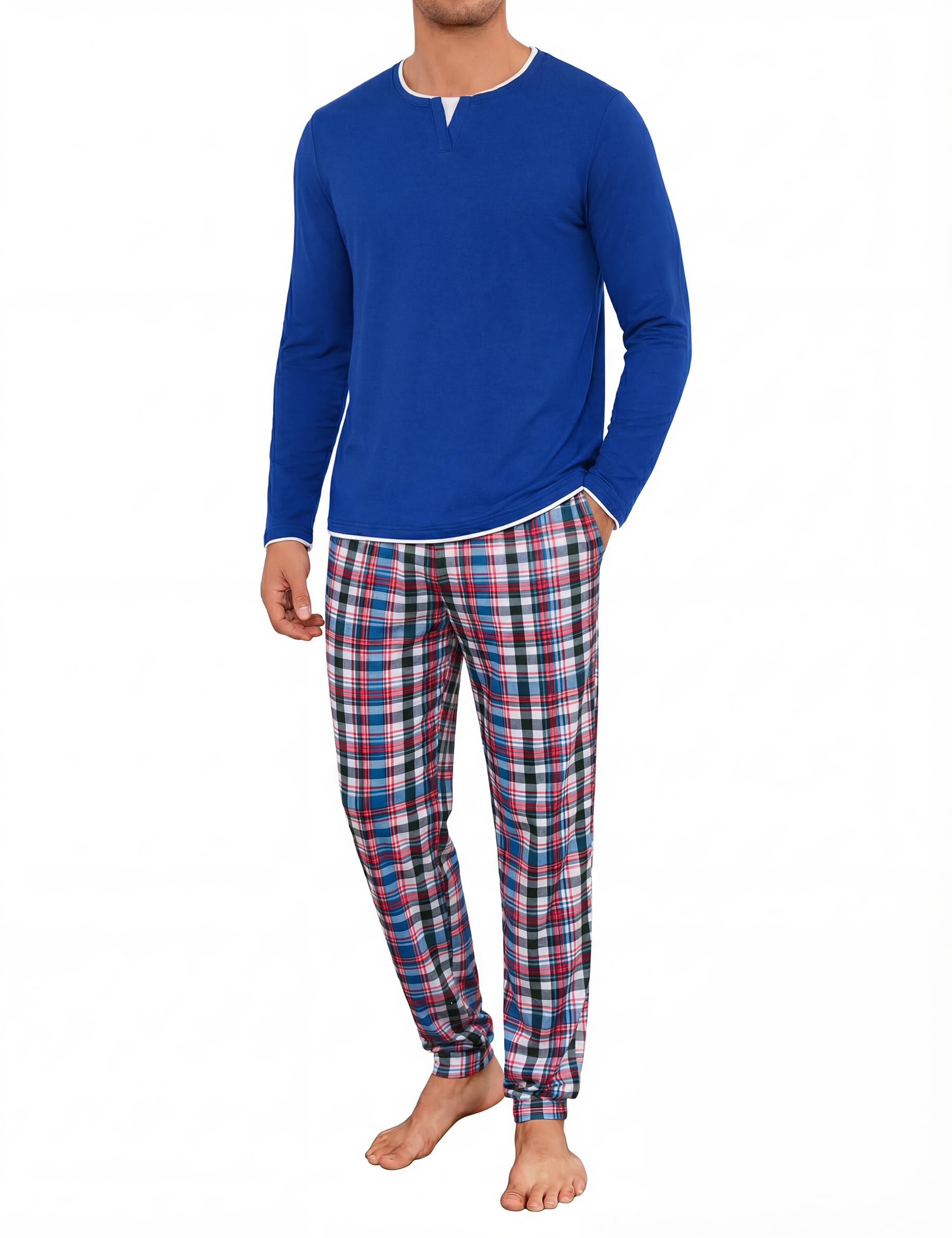 Jahetuul Pigiama Uomo Invernale Caldo Cotone Lungo Pigiami Due Pezzi da Uomo Maniche Lunghe Top con Design a Colletto Multistrato Lunghi Pantaloni con Tasche e Coulisse