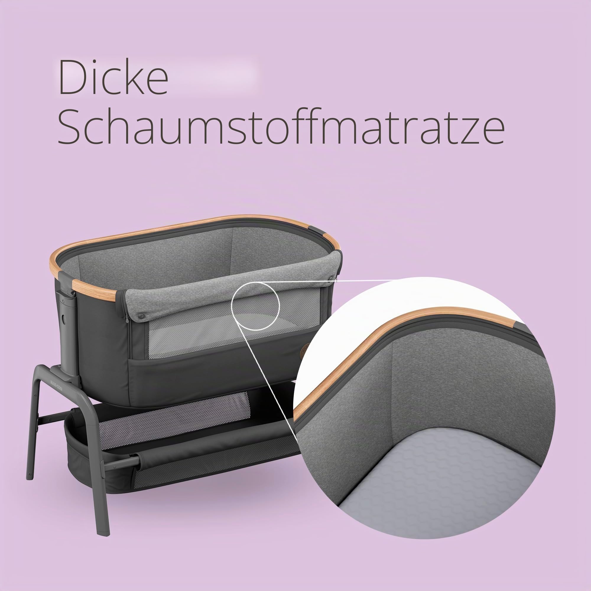 Maxi-Cosi Iora Co-Sleeper Krippe Faltbares Baby Nachttisch Krippe 0-6 Monate max 9 kg 4 Neigungs- & 5 Höhenpositionen Easy Slide Bequeme Matratze Großer Korb Leicht zu Tragen Essential Graphite