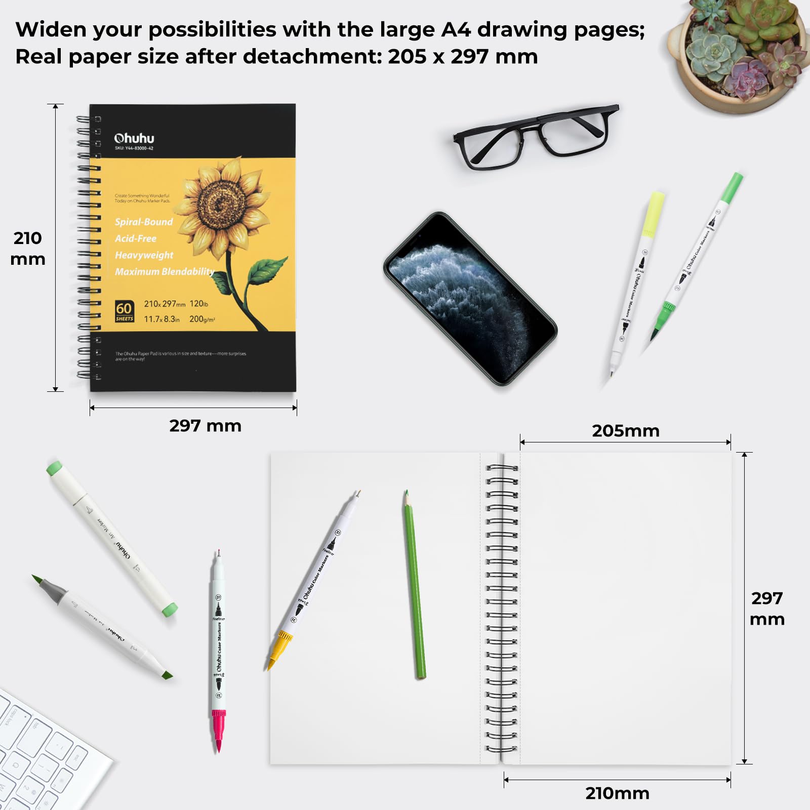 Ohuhu Szkicownik A4 do markerów alkoholowych – papier bezkwasowy o gramaturze 200 g/m², 120 stron (60 arkuszy), oprawiony spiralnie, z twardą okładką, zeszyt artystyczny do rysowania i szkicowania