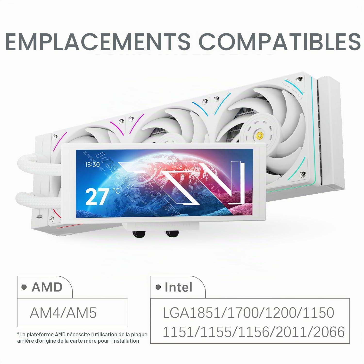 TR-Thermalright Trofeo Vision 360 ARGB Refroidisseur de processeur liquide blanc, écran LCD IPS de 6,86" avec résolution 1280 x 480, radiateur de 360 mm, pour AM5, LGA1851/1700
