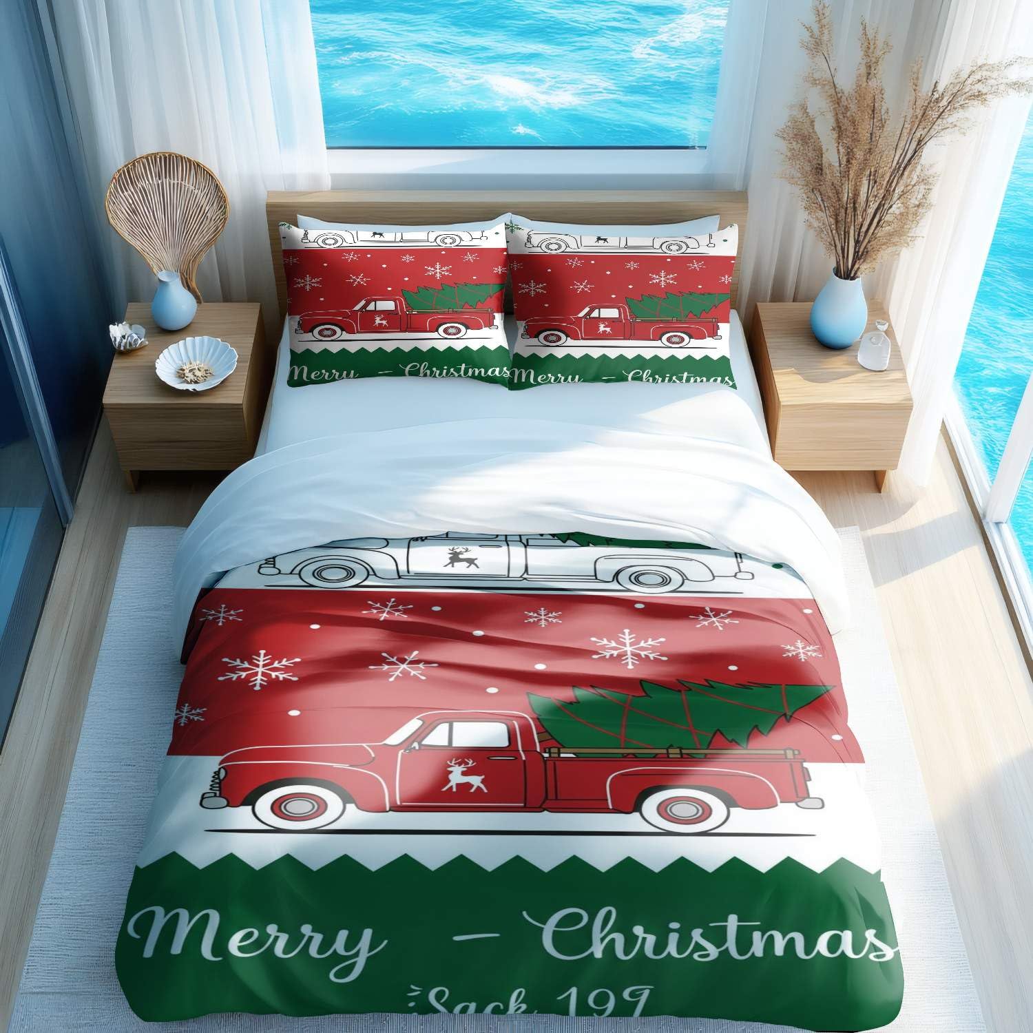 Housse de couette Noël vintage camion et literie rouge carreaux pour lit simple