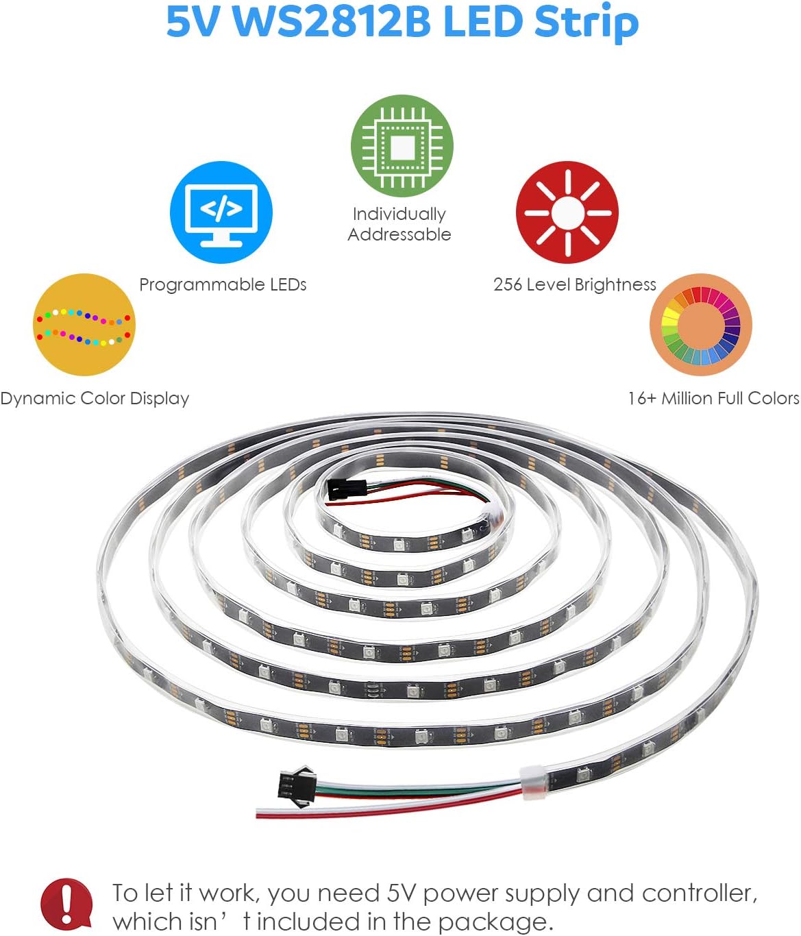 WS2812B LED Strip Individually Addressable 5V, WS2812B Digital Programmable 5050 RGB 150 Pixel LED Strip Dream Color Black PCB Waterproof 5V Work with Arduino, FastLED Library & Raspberry Pi - Image 3