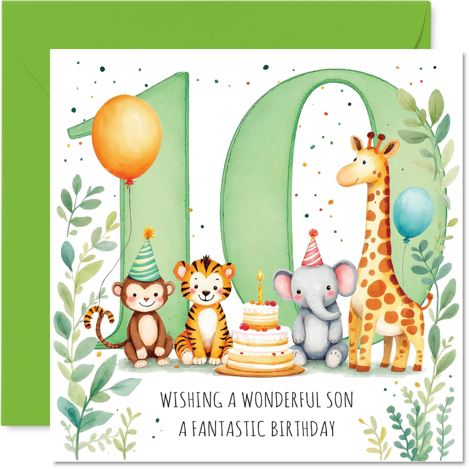 Playful 10th Birthday Card for Son - Bright Birthday Fun - Cute Animals, Cake and Balloons in a Festive Scene - Bursting with Colourful Cheer - 145mm Square, Envelope Included