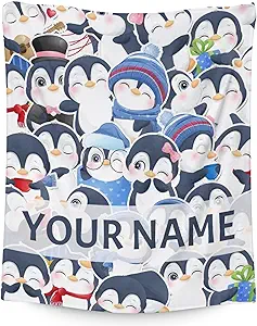 Custom Penguin Blankets with Name - Soft Warm Blanket Throw for Kids, Adults - 50"x60" Flannel Blankets for Bed, Couch, Sofa - Blue Cute Blanket Gifts