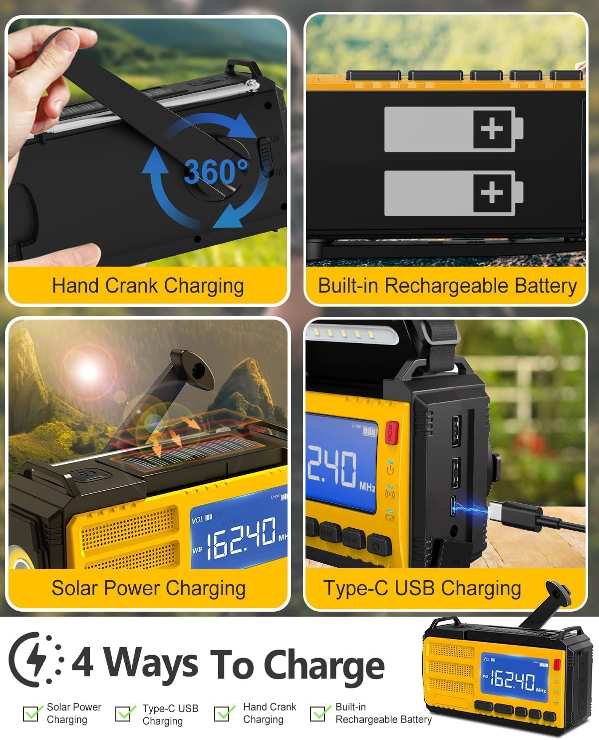 10000mAh Emergency Hand Crank Radio, Solar Powered AM/FM/NOAA Weather Alert Radio with LCD Display, 4 Charging Methods, 3-Mode Flashlight, Reading Lamp, SOS Alarm, Phone Charger