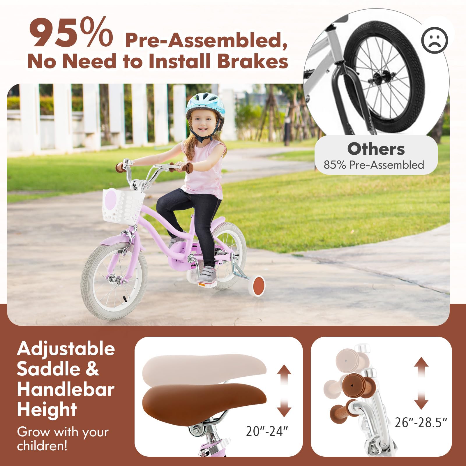 COSTWAY Kids Bike, 12 14 16 18 Inch Toddler Bike Children Bicycle w/Training Wheels, Hand & Coaster Brakes, Adjustable Saddle & Handlebar, Basket, Bell, Kids Bicycle for Girls Boys Aged 3-8 Years Old