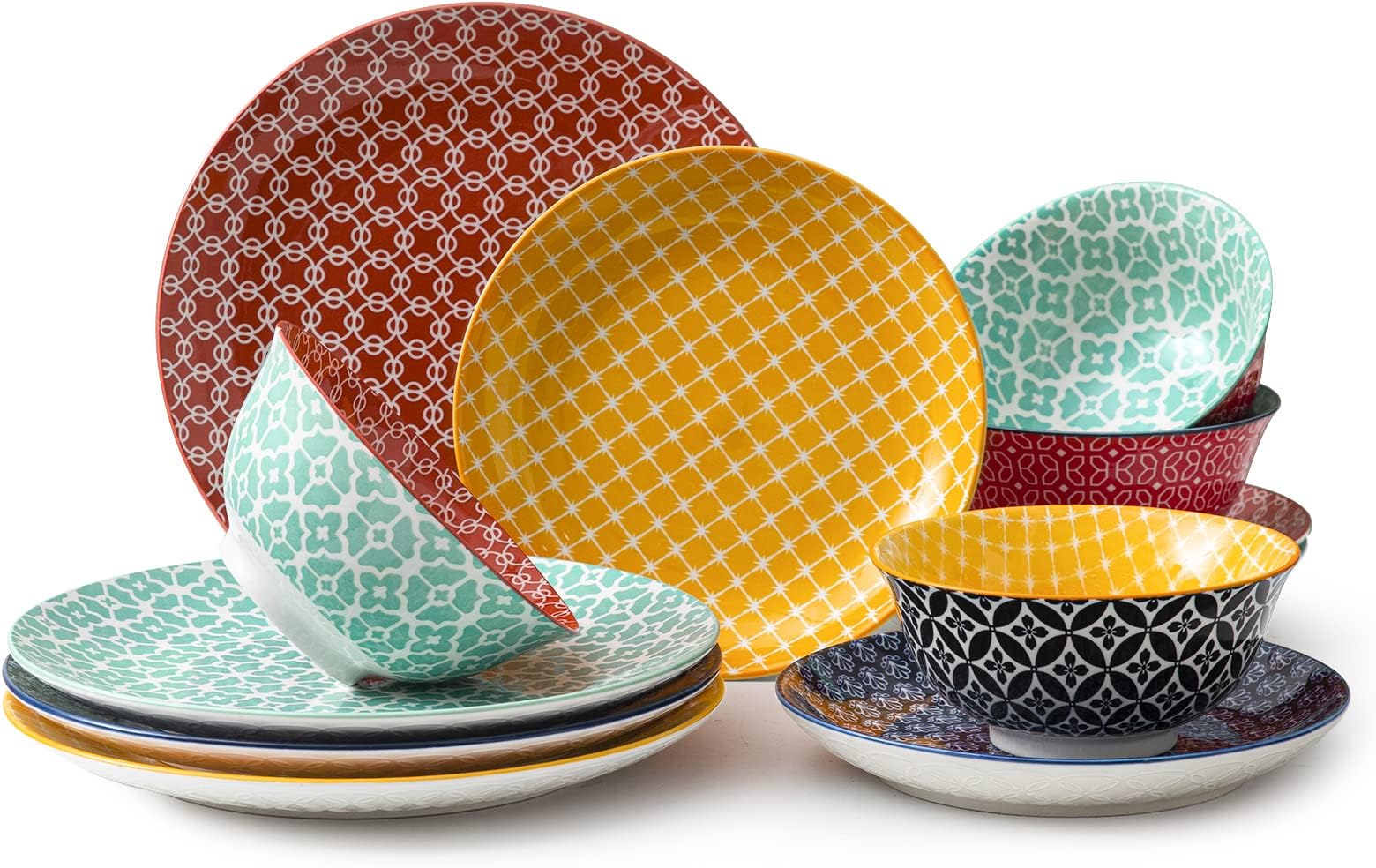 DOWAN Ceramic Plates and Bowls Sets, 12-Piece Dinnerware Sets for Christmas Decor, Colorful Dish Set for 4, Porcelain Dinner Dessert Plates,and Soup Bowls Set for Thanksgiving Party