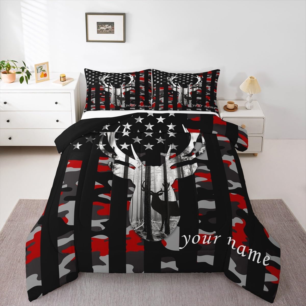 Personalized Camo American Flag Bedding Set King Size, Deer Antlers Hunting Print Red Camouflage Comforter Set with 2 Pillowcases, Customized Wild Animal Custom Polyester Duvet Set, Gift for Friends