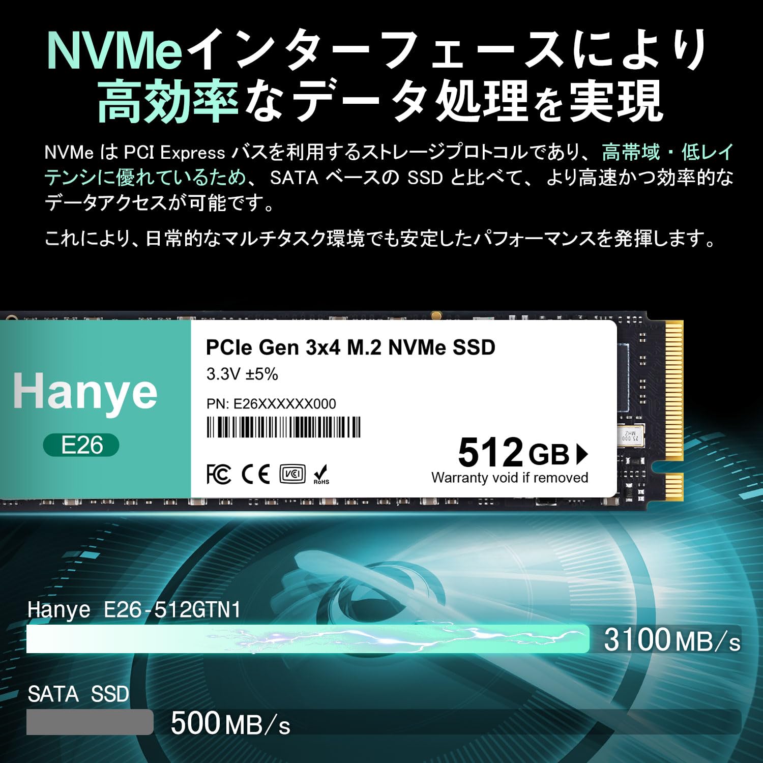 Amazon | Hanye 内蔵型 SSD 512GB PCIe Gen3x4 M.2 NVMe 2280 3100MB/s