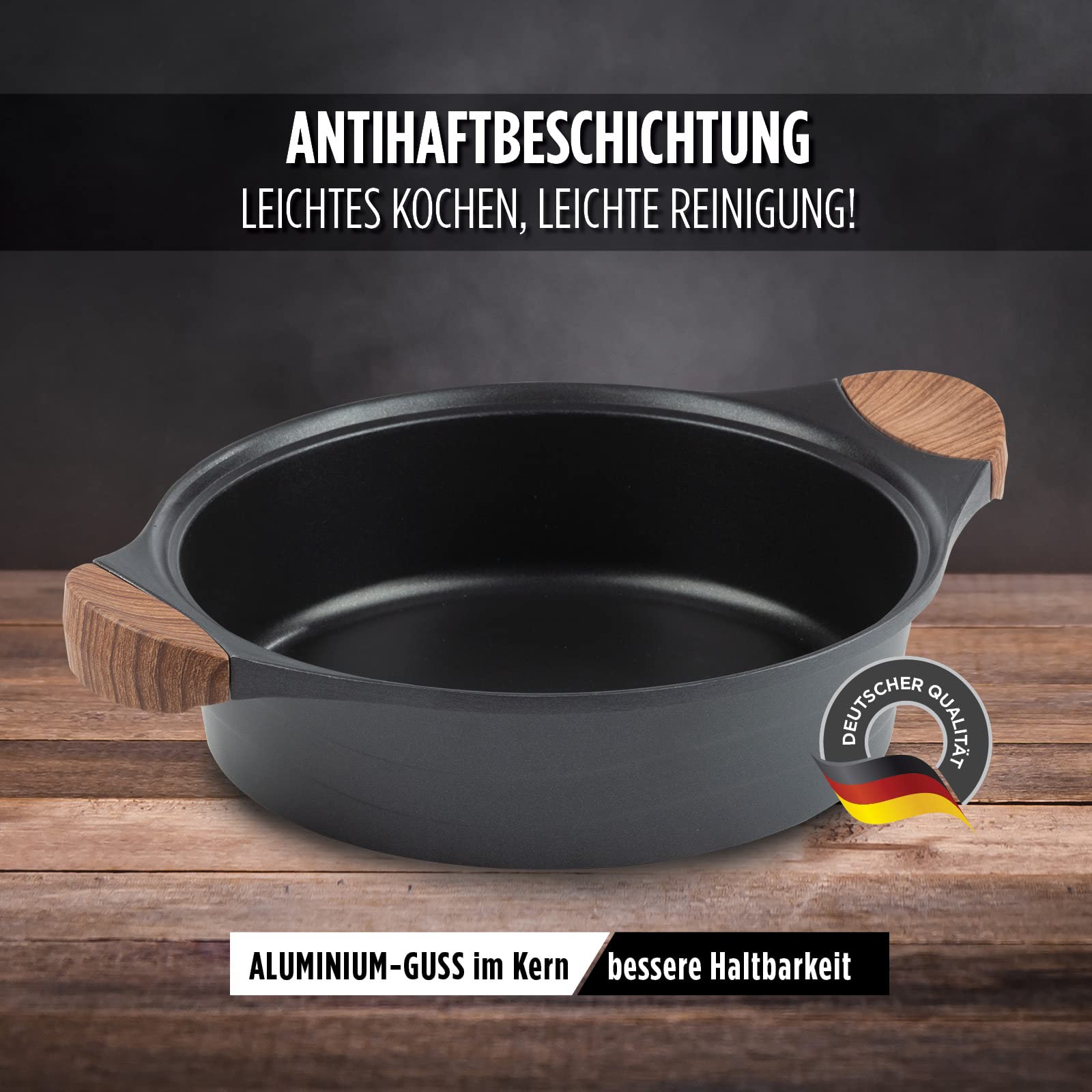 ROSMARINO Bratpfanne 28 cm - Servierpfanne aus hartgepresstem Aluminium - Schmorpfanne geeignet für alle Kochfelder inkl Induktion mit deutscher Antihaftbeschichtung