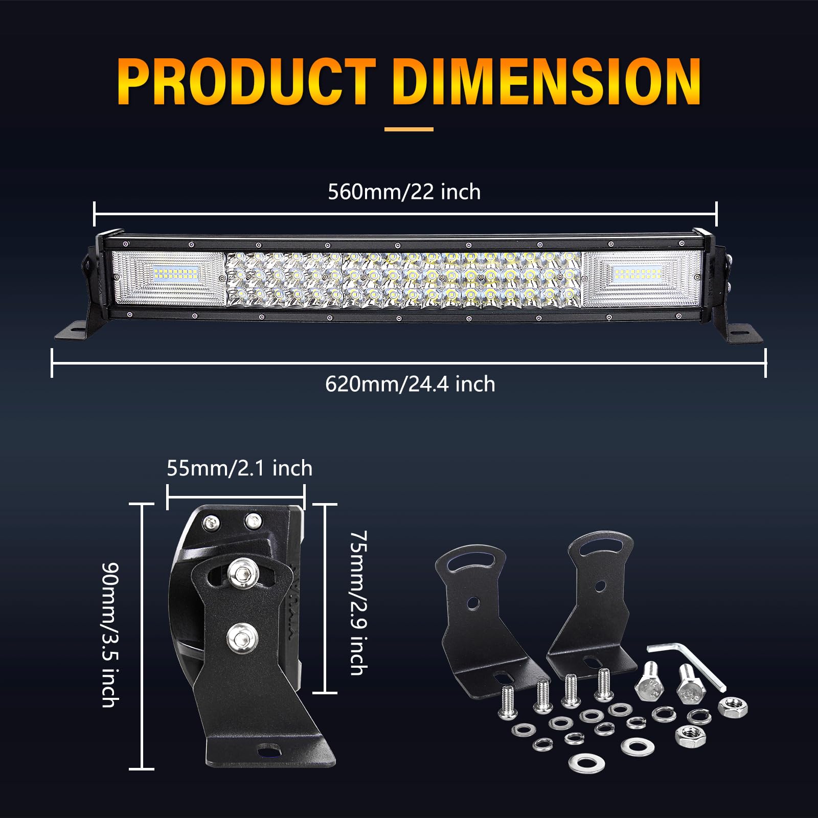 RIGIDON 56 cm 270W zakrzywiony drążek świetlny LED, światła robocze Wodoodporny pasek świetlny do pojazdów offroad do samochodów ciężarowych SUV 4x4, 6000K białe światło przeciwmgielne