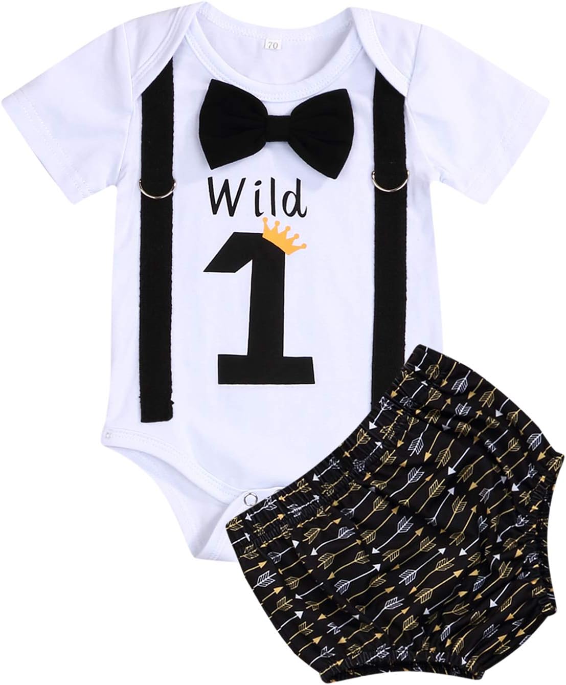 Baby Boy First Birthday Outfit Infant Wild One Boy Bow Tie Short Sleeve Romper+Shorts Bodysuit Cake Smash Outfits