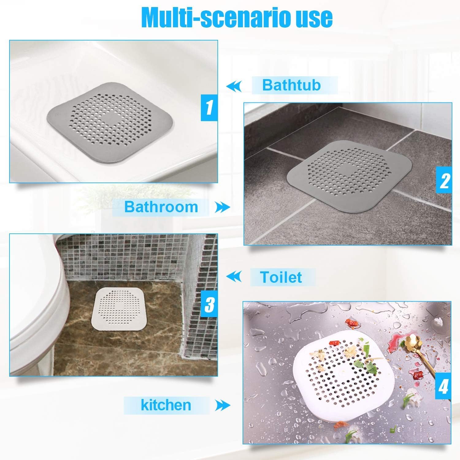 Revwd 2 Pcs Grey Hair Drain Catcher Square Drain Cover for Shower Silicone Hair Stopper with Suction Cup Suit for Bathroom Bathtub Kitchen. 1