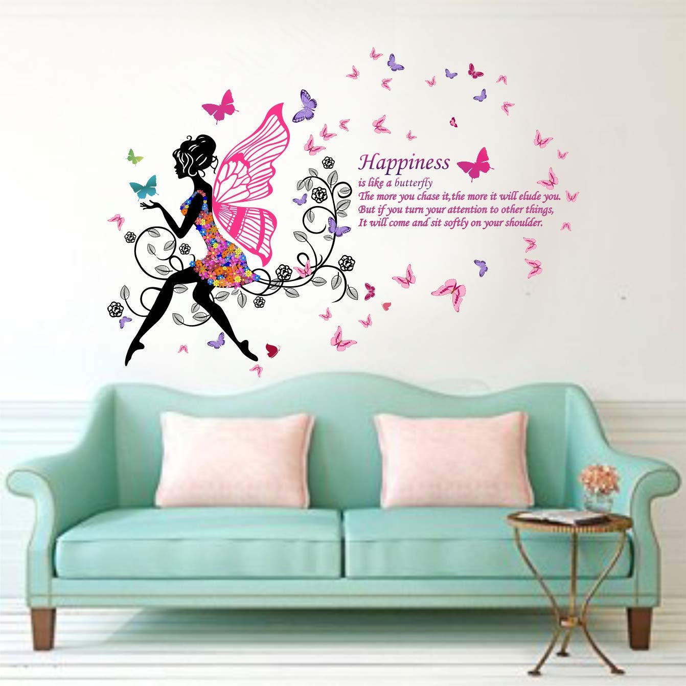 Decal O Decal' Blue Butterfly with Motivational Quotes ' Wall Stickers (Pack of 3, Happiness is Like a Butterfly Quotes)