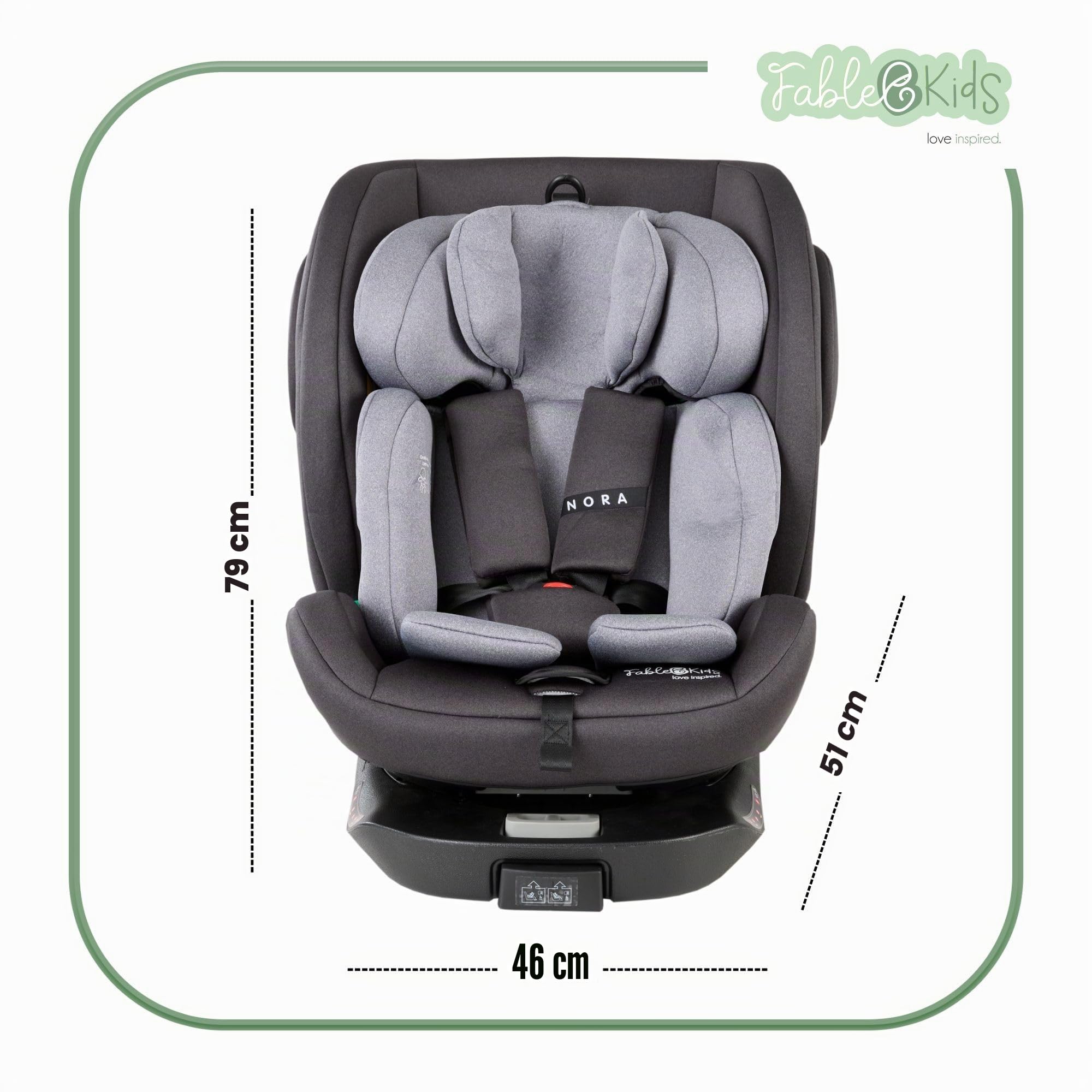 FableKids NORA Seggiolino auto grigio | sedile auto i-Size girevole a 360° 40-150 cm | Reboarder con ISOFIX e gamba di supporto | poggiatesta e schienale regolabili in altezza