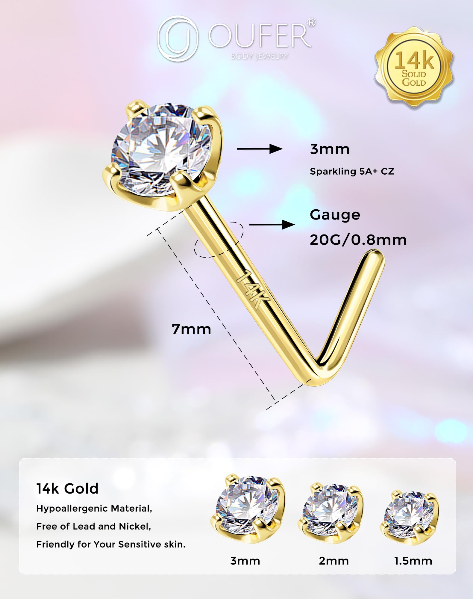 OUFER Body Piercing Piercing Naso Stud Jewellery 22G Nose Bar Gold Nose Piercing Jewellery 14K Gold L Shape Nose Stud Ring Nose Pin Bone Jewellery Nose Piercing