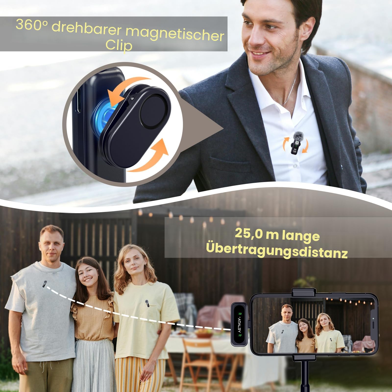 Drahtloses Mikrofon mit digitalem Batterieanzeige - 2er-Pack USB-C Mini-Mikrofon für iPhone 15/16/Android/PC/iPad/Tablet, 360° omnidirektionales Mikrofon mit Geräuschunterdrückung mit 100FT