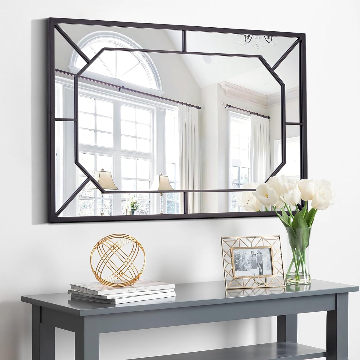 Large Bathroom Mirror, 40"x28" Black Wall Mirror with Octagonal Metal Frame, Modern Decorative Wall Mirrors for Entryway, Living Room, Dining Room Black 40"L x 28"W