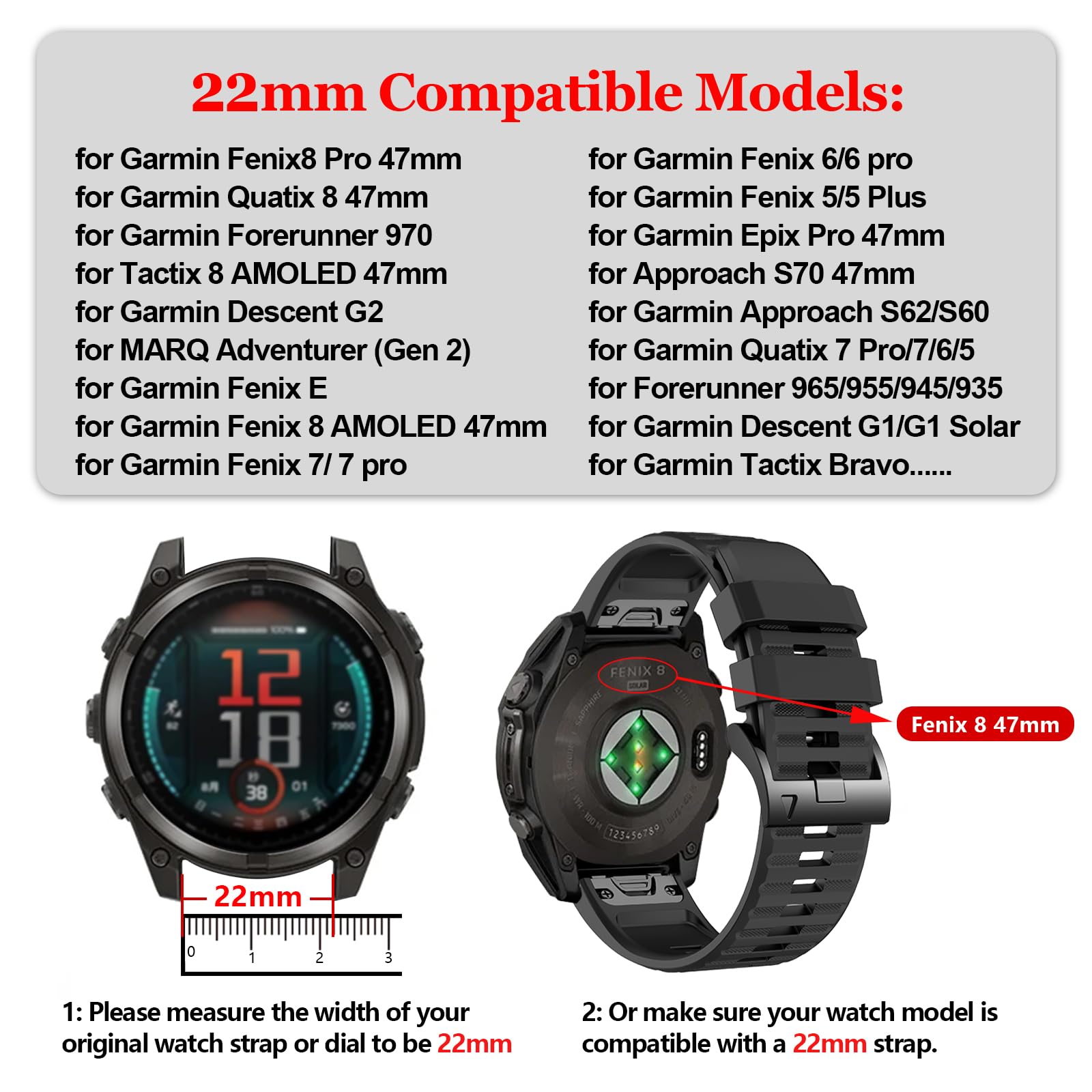 Cinturino in silicone da 22 mm, compatibile con Garmin Fenix 8/8pro 47 mm/Fenix 7/7pro/6/6 pro/5/5 plus, Quickfit per Descent G2/G1/Forerunner 970/965/955/Approach S70/Quatix 8/tactix 8 47 mm