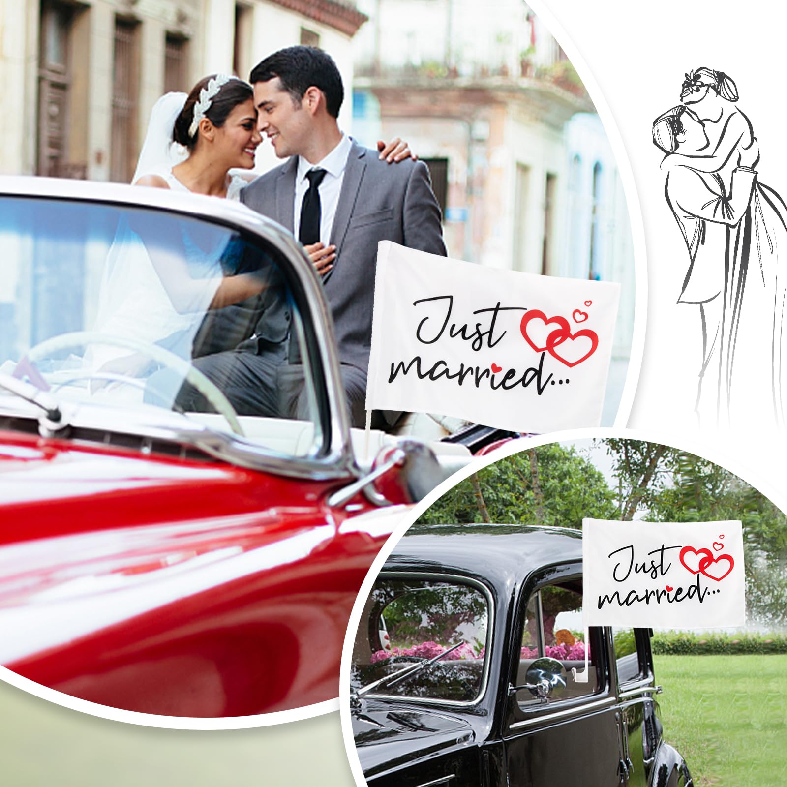 BOFUNX 2pcs Just Married Flag Car Decoration Wedding Auto Bandiera Matrimonio