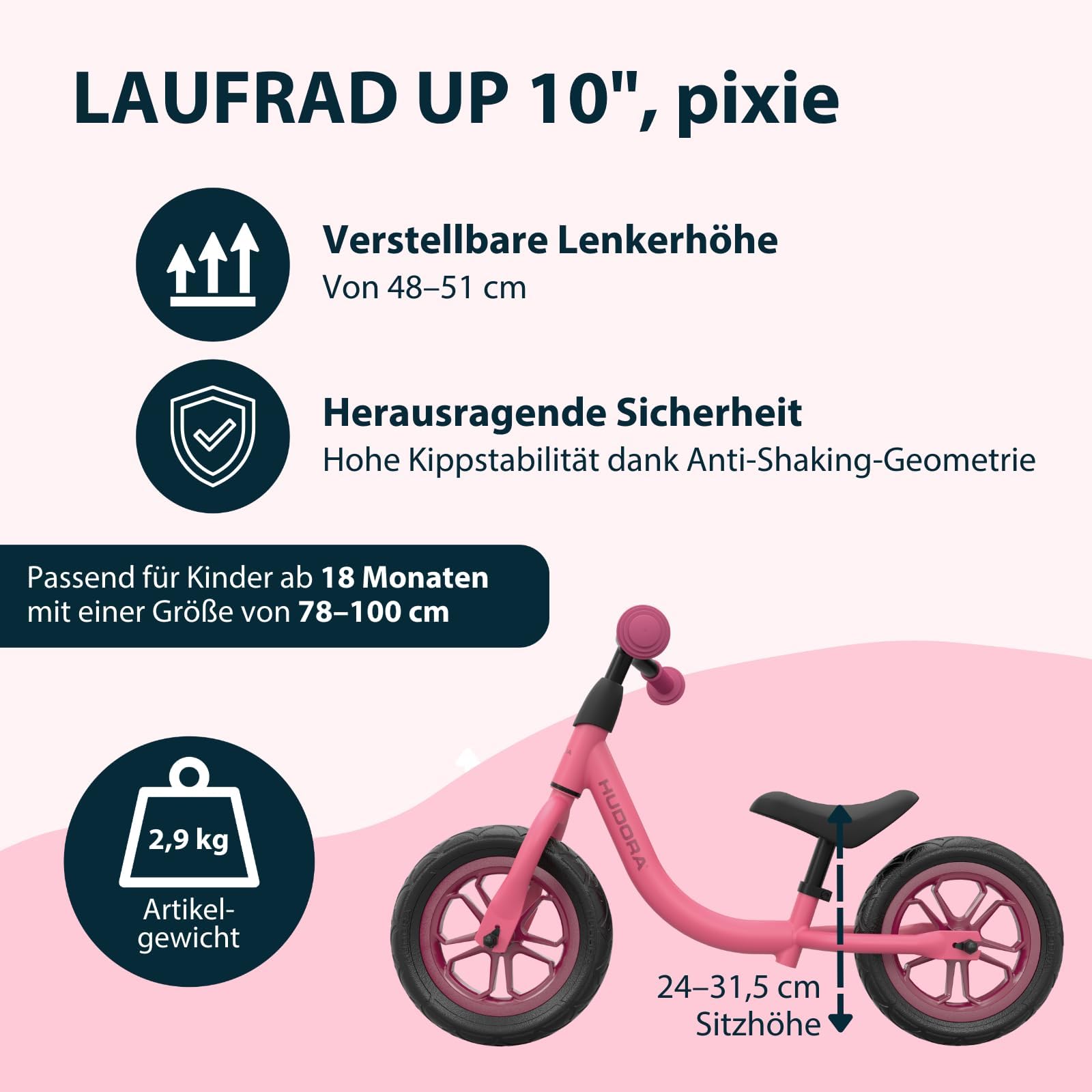 HUDORA Laufrad Up 10 Zoll in versch. Farben - Leichtes Lauflernrad - Gleichgewichtsrad mit hoher Kippstabilität - Lauflernspielzeug für Kinder - Kinderspielzeug mit 2 Rädern